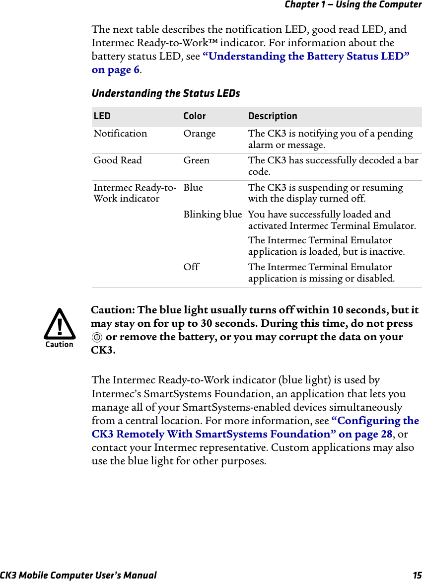 Chapter 1 — Using the ComputerCK3 Mobile Computer User’s Manual 15The next table describes the notification LED, good read LED, and Intermec Ready-to-Work™ indicator. For information about the battery status LED, see “Understanding the Battery Status LED” on page 6.The Intermec Ready-to-Work indicator (blue light) is used by Intermec’s SmartSystems Foundation, an application that lets you manage all of your SmartSystems-enabled devices simultaneously from a central location. For more information, see “Configuring the CK3 Remotely With SmartSystems Foundation” on page 28, or contact your Intermec representative. Custom applications may also use the blue light for other purposes.Understanding the Status LEDsLED Color DescriptionNotification Orange The CK3 is notifying you of a pending alarm or message.Good Read Green The CK3 has successfully decoded a bar code.Intermec Ready-to-Work indicatorBlue The CK3 is suspending or resuming with the display turned off.Blinking blue You have successfully loaded and activated Intermec Terminal Emulator.The Intermec Terminal Emulator application is loaded, but is inactive.Off The Intermec Terminal Emulator application is missing or disabled.Caution: The blue light usually turns off within 10 seconds, but it may stay on for up to 30 seconds. During this time, do not press  or remove the battery, or you may corrupt the data on your CK3.