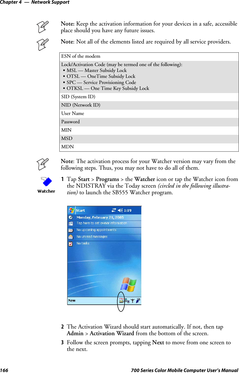 Network SupportChapter —4166 700 Series Color Mobile Computer User’s ManualNote: Keep the activation information for your devices in a safe, accessibleplace should you have any future issues.Note: Not all of the elements listed are required by all service providers.ESN of the modemLock/ActivationCode(maybetermedoneofthefollowing):SMSL — Master Subsidy LockSOTSL — OneTime Subsidy LockSSPC — Service Provisioning CodeSOTKSL — One Time Key Subsidy LockSID (System ID)NID (Network ID)User NamePasswordMINMSDMDNNote: The activation process for your Watcher version may vary from thefollowing steps. Thus, you may not have to do all of them.1Tap Start &gt;Programs &gt;theWatcher icon or tap the Watcher icon fromthe NDISTRAY via the Today screen (circled in the following illustra-tion) to launch the SB555 Watcher program.2The Activation Wizard should start automatically. If not, then tapAdmin &gt;Activation Wizard from the bottom of the screen.3Follow the screen prompts, tapping Next to move from one screen tothe next.