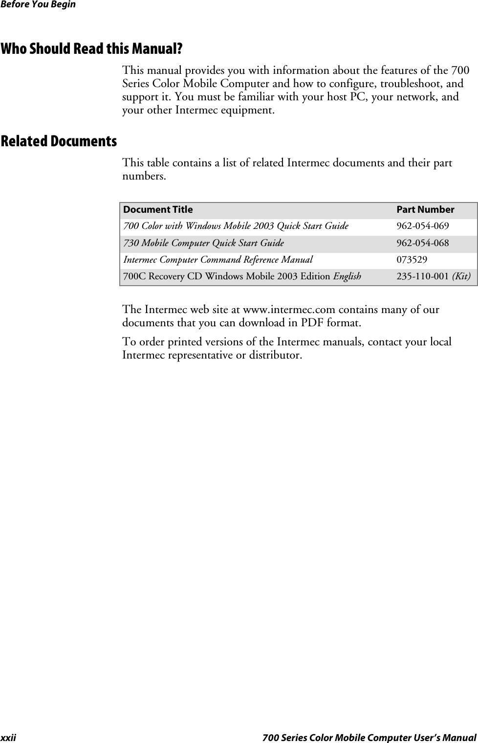 Before You Beginxxii 700 Series Color Mobile Computer User’s ManualWhoShouldReadthisManual?This manual provides you with information about the features of the 700Series Color Mobile Computer and how to configure, troubleshoot, andsupport it. You must be familiar with your host PC, your network, andyour other Intermec equipment.Related DocumentsThis table contains a list of related Intermec documents and their partnumbers.Document Title Part Number700 Color with Windows Mobile 2003 Quick Start Guide 962-054-069730 Mobile Computer Quick Start Guide 962-054-068Intermec Computer Command Reference Manual 073529700C Recovery CD Windows Mobile 2003 Edition English 235-110-001 (Kit)The Intermec web site at www.intermec.com contains many of ourdocuments that you can download in PDF format.To order printed versions of the Intermec manuals, contact your localIntermec representative or distributor.