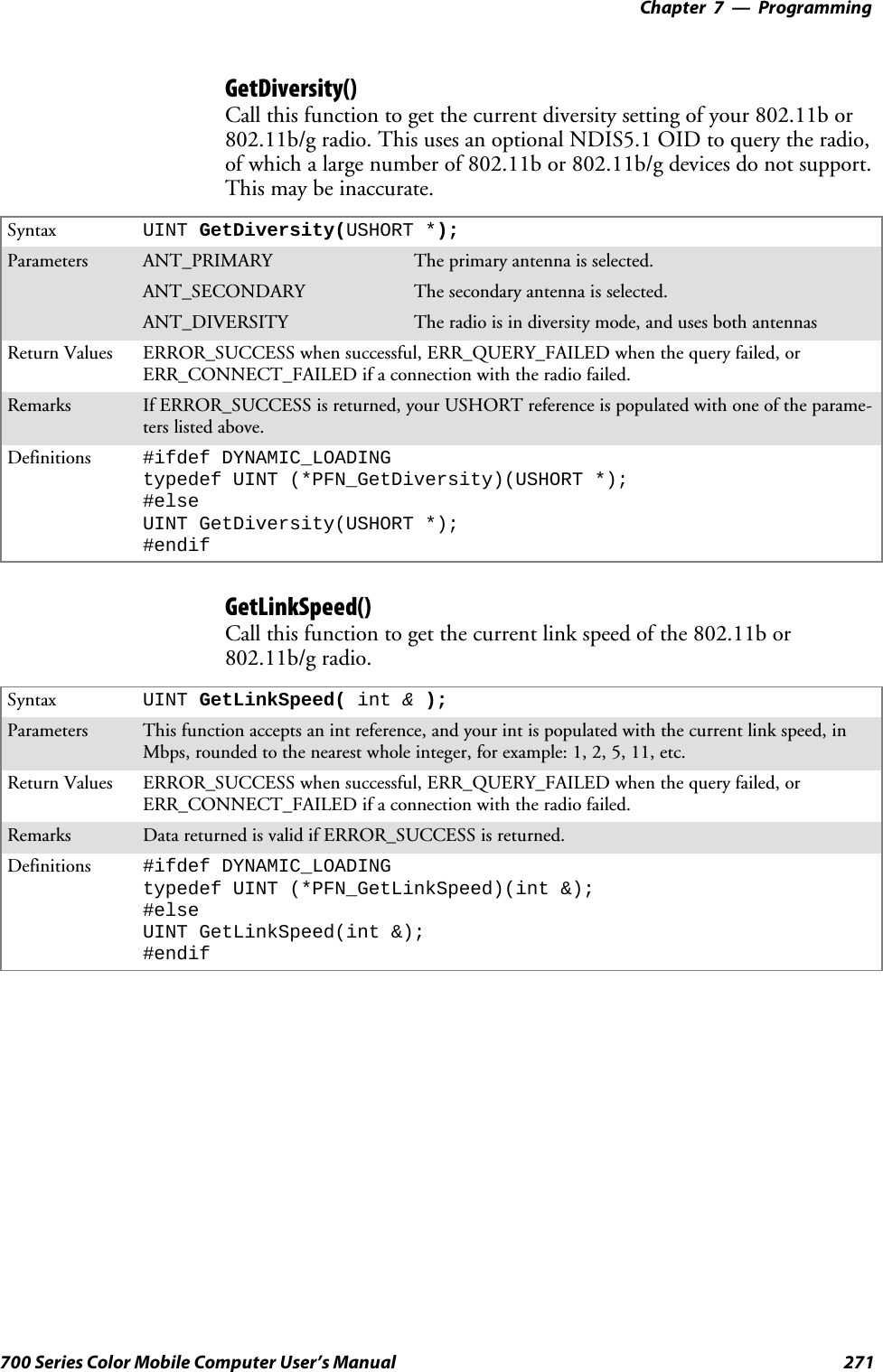 Programming—Chapter 7271700 Series Color Mobile Computer User’s ManualGetDiversity()Call this function to get the current diversity setting of your 802.11b or802.11b/g radio. This uses an optional NDIS5.1 OID to query the radio,of which a large number of 802.11b or 802.11b/g devices do not support.This may be inaccurate.Syntax UINT GetDiversity(USHORT *);Parameters ANT_PRIMARY The primary antenna is selected.ANT_SECONDARY The secondary antenna is selected.ANT_DIVERSITY The radio is in diversity mode, and uses both antennasReturn Values ERROR_SUCCESS when successful, ERR_QUERY_FAILED when the query failed, orERR_CONNECT_FAILED if a connection with the radio failed.Remarks If ERROR_SUCCESS is returned, your USHORT reference is populated with one of the parame-ters listed above.Definitions #ifdef DYNAMIC_LOADINGtypedef UINT (*PFN_GetDiversity)(USHORT *);#elseUINT GetDiversity(USHORT *);#endifGetLinkSpeed()Call this function to get the current link speed of the 802.11b or802.11b/g radio.Syntax UINT GetLinkSpeed( int &amp;);Parameters This function accepts an int reference, and your int is populated with the current link speed, inMbps, rounded to the nearest whole integer, for example: 1, 2, 5, 11, etc.Return Values ERROR_SUCCESS when successful, ERR_QUERY_FAILED when the query failed, orERR_CONNECT_FAILED if a connection with the radio failed.Remarks Data returned is valid if ERROR_SUCCESS is returned.Definitions #ifdef DYNAMIC_LOADINGtypedef UINT (*PFN_GetLinkSpeed)(int &amp;);#elseUINT GetLinkSpeed(int &amp;);#endif