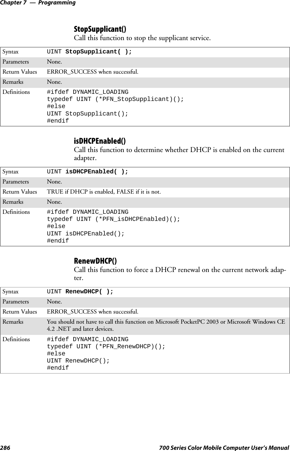 ProgrammingChapter —7286 700 Series Color Mobile Computer User’s ManualStopSupplicant()Call this function to stop the supplicant service.Syntax UINT StopSupplicant( );Parameters None.Return Values ERROR_SUCCESS when successful.Remarks None.Definitions #ifdef DYNAMIC_LOADINGtypedef UINT (*PFN_StopSupplicant)();#elseUINT StopSupplicant();#endifisDHCPEnabled()Call this function to determine whether DHCP is enabled on the currentadapter.Syntax UINT isDHCPEnabled( );Parameters None.Return Values TRUE if DHCP is enabled, FALSE if it is not.Remarks None.Definitions #ifdef DYNAMIC_LOADINGtypedef UINT (*PFN_isDHCPEnabled)();#elseUINT isDHCPEnabled();#endifRenewDHCP()Call this function to force a DHCP renewal on the current network adap-ter.Syntax UINT RenewDHCP( );Parameters None.Return Values ERROR_SUCCESS when successful.Remarks You should not have to call this function on Microsoft PocketPC 2003 or Microsoft Windows CE4.2 .NET and later devices.Definitions #ifdef DYNAMIC_LOADINGtypedef UINT (*PFN_RenewDHCP)();#elseUINT RenewDHCP();#endif