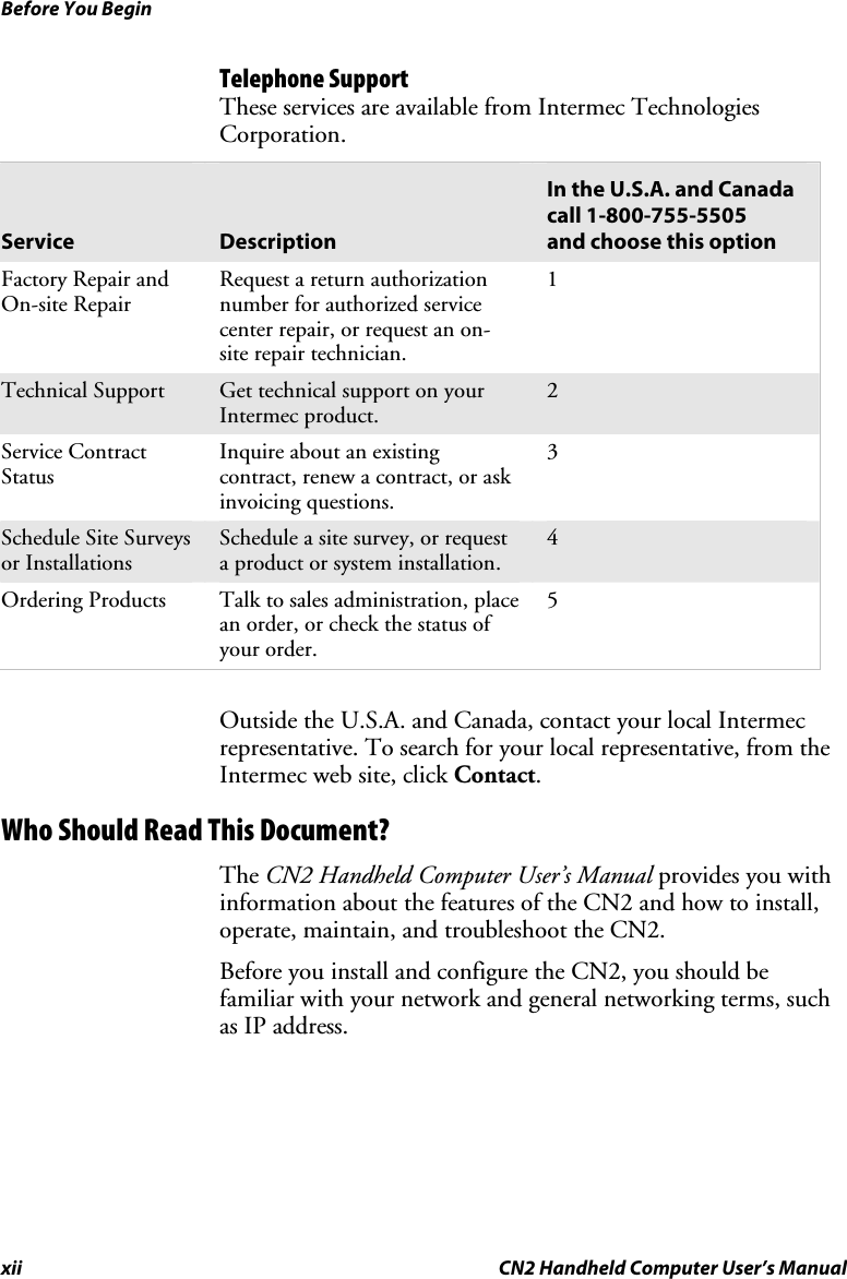 Before You Begin xii  CN2 Handheld Computer User’s Manual Telephone Support These services are available from Intermec Technologies Corporation.    Service   Description In the U.S.A. and Canada call 1-800-755-5505 and choose this option Factory Repair and On-site Repair Request a return authorization number for authorized service center repair, or request an on-site repair technician. 1 Technical Support  Get technical support on your Intermec product. 2 Service Contract Status Inquire about an existing contract, renew a contract, or ask invoicing questions. 3 Schedule Site Surveys or Installations Schedule a site survey, or request a product or system installation. 4 Ordering Products  Talk to sales administration, place an order, or check the status of your order. 5     Outside the U.S.A. and Canada, contact your local Intermec representative. To search for your local representative, from the Intermec web site, click Contact. Who Should Read This Document? The CN2 Handheld Computer User’s Manual provides you with information about the features of the CN2 and how to install, operate, maintain, and troubleshoot the CN2.  Before you install and configure the CN2, you should be familiar with your network and general networking terms, such as IP address.  