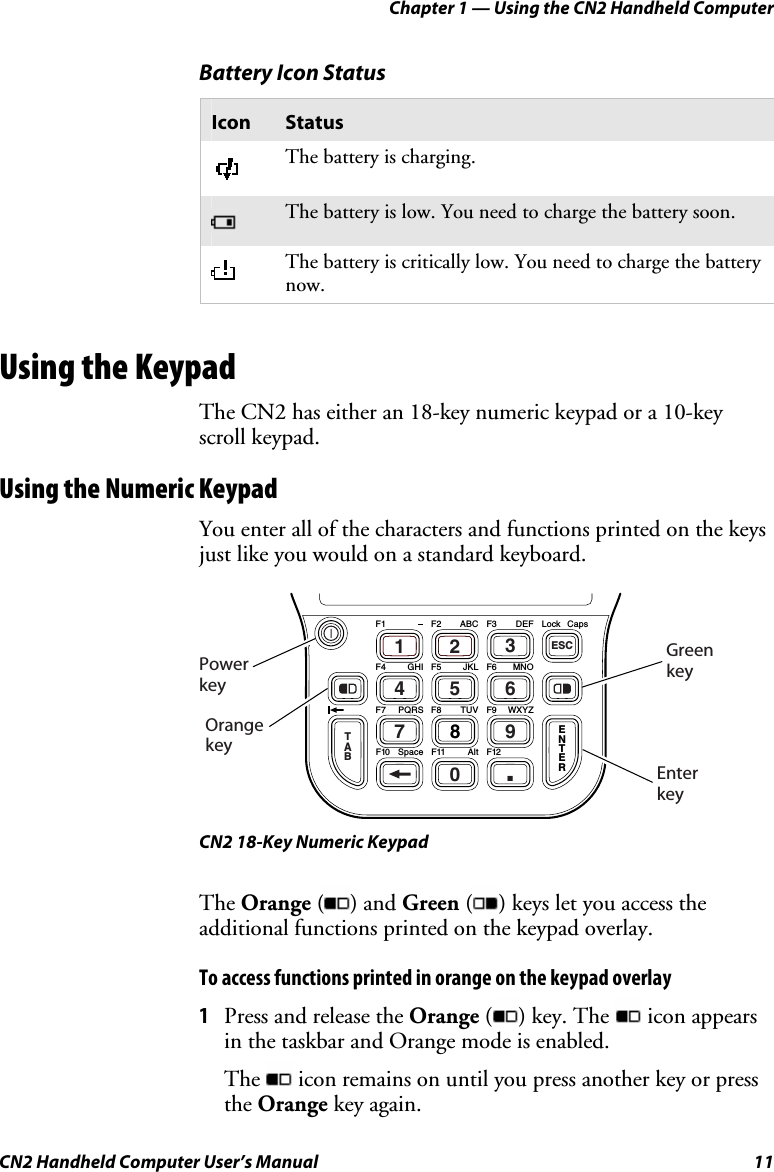 Chapter 1 — Using the CN2 Handheld Computer CN2 Handheld Computer User’s Manual  11 Battery Icon Status Icon  Status  The battery is charging.  The battery is low. You need to charge the battery soon.  The battery is critically low. You need to charge the battery now.   Using the Keypad The CN2 has either an 18-key numeric keypad or a 10-key scroll keypad.  Using the Numeric Keypad You enter all of the characters and functions printed on the keys just like you would on a standard keyboard.   TAB0.791346825ESCENTERF1 F3 LockF2F4 F6F5F7 F9F8F12F10 F11DEF CapsABCGHI MNOJKLPQRS WXYZTUVSpace AltGreenkeyEnterkeyPowerkeyOrangekey CN2 18-Key Numeric Keypad The Orange ( ) and Green ( ) keys let you access the additional functions printed on the keypad overlay. To access functions printed in orange on the keypad overlay 1 Press and release the Orange ( ) key. The   icon appears in the taskbar and Orange mode is enabled.  The   icon remains on until you press another key or press the Orange key again. 