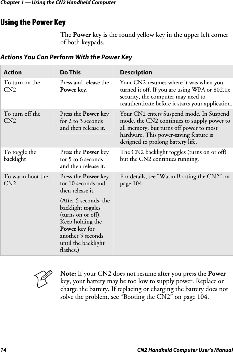 Chapter 1 — Using the CN2 Handheld Computer 14  CN2 Handheld Computer User’s Manual Using the Power Key The Power key is the round yellow key in the upper left corner of both keypads.  Actions You Can Perform With the Power Key Action  Do This  Description To turn on the CN2 Press and release the Power key. Your CN2 resumes where it was when you turned it off. If you are using WPA or 802.1x security, the computer may need to reauthenticate before it starts your application. To turn off the CN2 Press the Power key for 2 to 3 seconds and then release it. Your CN2 enters Suspend mode. In Suspend mode, the CN2 continues to supply power to all memory, but turns off power to most hardware. This power-saving feature is designed to prolong battery life. To toggle the backlight Press the Power key for 5 to 6 seconds and then release it. The CN2 backlight toggles (turns on or off) but the CN2 continues running. To warm boot the CN2 Press the Power key for 10 seconds and then release it. (After 5 seconds, the backlight toggles (turns on or off). Keep holding the Power key for another 5 seconds until the backlight flashes.) For details, see “Warm Booting the CN2” on page 104.      Note: If your CN2 does not resume after you press the Power key, your battery may be too low to supply power. Replace or charge the battery. If replacing or charging the battery does not solve the problem, see “Booting the CN2” on page 104. 