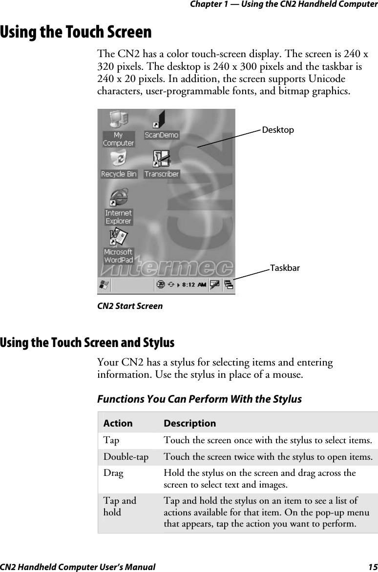 Chapter 1 — Using the CN2 Handheld Computer CN2 Handheld Computer User’s Manual  15 Using the Touch Screen The CN2 has a color touch-screen display. The screen is 240 x 320 pixels. The desktop is 240 x 300 pixels and the taskbar is 240 x 20 pixels. In addition, the screen supports Unicode characters, user-programmable fonts, and bitmap graphics.    CN2 Start Screen Using the Touch Screen and Stylus Your CN2 has a stylus for selecting items and entering information. Use the stylus in place of a mouse.  Functions You Can Perform With the Stylus Action  Description Tap  Touch the screen once with the stylus to select items. Double-tap  Touch the screen twice with the stylus to open items. Drag  Hold the stylus on the screen and drag across the screen to select text and images. Tap and hold Tap and hold the stylus on an item to see a list of actions available for that item. On the pop-up menu that appears, tap the action you want to perform. TaskbarDesktop