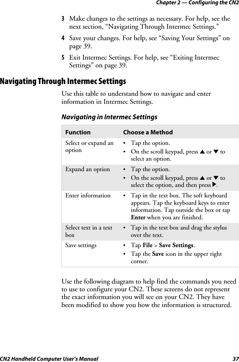 Chapter 2 — Configuring the CN2 CN2 Handheld Computer User’s Manual  37 3 Make changes to the settings as necessary. For help, see the next section, “Navigating Through Intermec Settings.” 4 Save your changes. For help, see “Saving Your Settings” on page 39. 5 Exit Intermec Settings. For help, see “Exiting Intermec Settings” on page 39. Navigating Through Intermec Settings Use this table to understand how to navigate and enter information in Intermec Settings. Navigating in Intermec Settings Function  Choose a Method Select or expand an option • Tap the option. • On the scroll keypad, press U or D to select an option. Expand an option  • Tap the option. • On the scroll keypad, press U or D to select the option, and then press R. Enter information  • Tap in the text box. The soft keyboard appears. Tap the keyboard keys to enter information. Tap outside the box or tap Enter when you are finished.  Select text in a text box • Tap in the text box and drag the stylus over the text. Save settings  • Tap File &gt; Save Settings. • Tap the Save icon in the upper right corner.   Use the following diagram to help find the commands you need to use to configure your CN2. These screens do not represent the exact information you will see on your CN2. They have been modified to show you how the information is structured.  