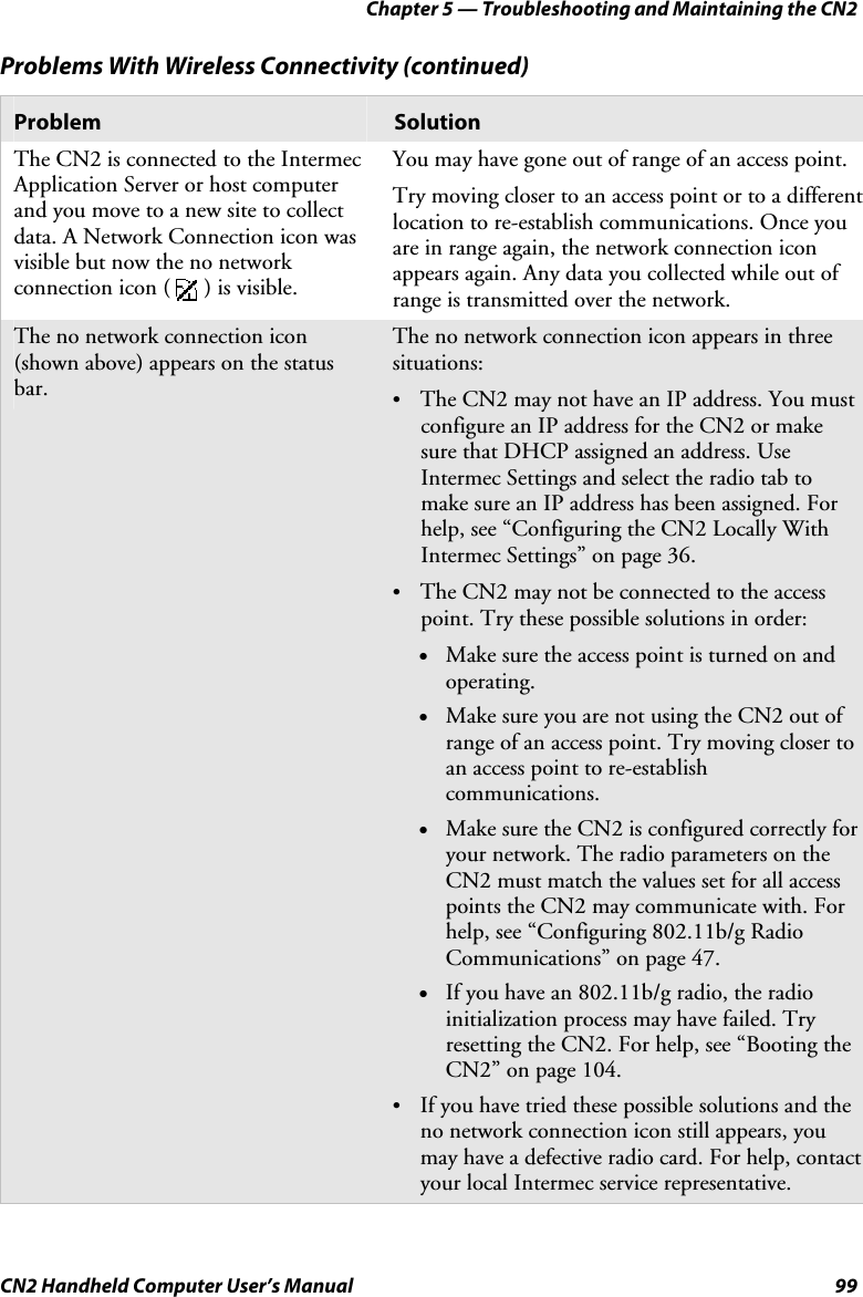 Chapter 5 — Troubleshooting and Maintaining the CN2 CN2 Handheld Computer User’s Manual  99 Problems With Wireless Connectivity (continued) Problem  Solution The CN2 is connected to the Intermec Application Server or host computer and you move to a new site to collect data. A Network Connection icon was visible but now the no network connection icon (   ) is visible. You may have gone out of range of an access point.  Try moving closer to an access point or to a different location to re-establish communications. Once you are in range again, the network connection icon appears again. Any data you collected while out of range is transmitted over the network. The no network connection icon (shown above) appears on the status bar. The no network connection icon appears in three situations: • The CN2 may not have an IP address. You must configure an IP address for the CN2 or make sure that DHCP assigned an address. Use Intermec Settings and select the radio tab to make sure an IP address has been assigned. For help, see “Configuring the CN2 Locally With Intermec Settings” on page 36. • The CN2 may not be connected to the access point. Try these possible solutions in order: • Make sure the access point is turned on and operating. • Make sure you are not using the CN2 out of range of an access point. Try moving closer to an access point to re-establish communications. • Make sure the CN2 is configured correctly for your network. The radio parameters on the CN2 must match the values set for all access points the CN2 may communicate with. For help, see “Configuring 802.11b/g Radio Communications” on page 47. • If you have an 802.11b/g radio, the radio initialization process may have failed. Try resetting the CN2. For help, see “Booting the CN2” on page 104. • If you have tried these possible solutions and the no network connection icon still appears, you may have a defective radio card. For help, contact your local Intermec service representative. 