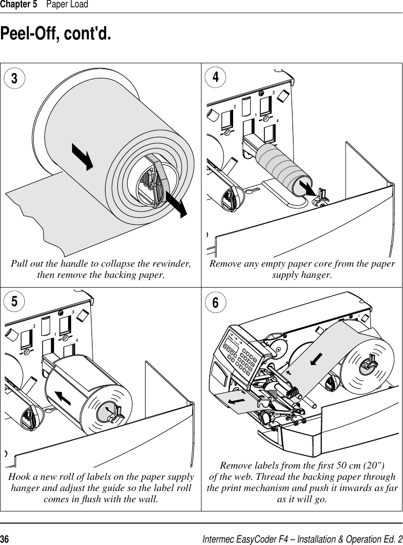 Intermec EasyCoder F4 – Installation &amp; Operation Ed. 236 Chapter 5    Paper Load21432143Peel-Off, cont&apos;d.Pull out the handle to collapse the rewinder, then remove the backing paper. Remove any empty paper core from the paper supply hanger.34 Remove labels from the ﬁ rst 50 cm (20&quot;) of the web. Thread the backing paper through the print mechanism and push it inwards as far as it will go.Hook a new roll of labels on the paper supply hanger and adjust the guide so the label roll comes in ﬂ ush with the wall.65