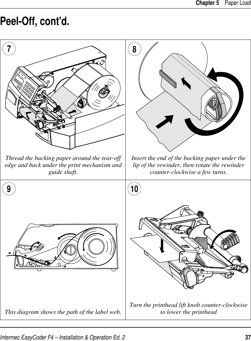 Intermec EasyCoder F4 – Installation &amp; Operation Ed. 2   37 Chapter 5    Paper LoadPeel-Off, cont&apos;d.Thread the backing paper around the tear-off edge and back under the print mechanism and guide shaft.Insert the end of the backing paper under the lip of the rewinder, then rotate the rewinder counter-clockwise a few turns. 78This diagram shows the path of the label web.9 10Turn the printhead lift knob counter-clockwise to lower the printhead