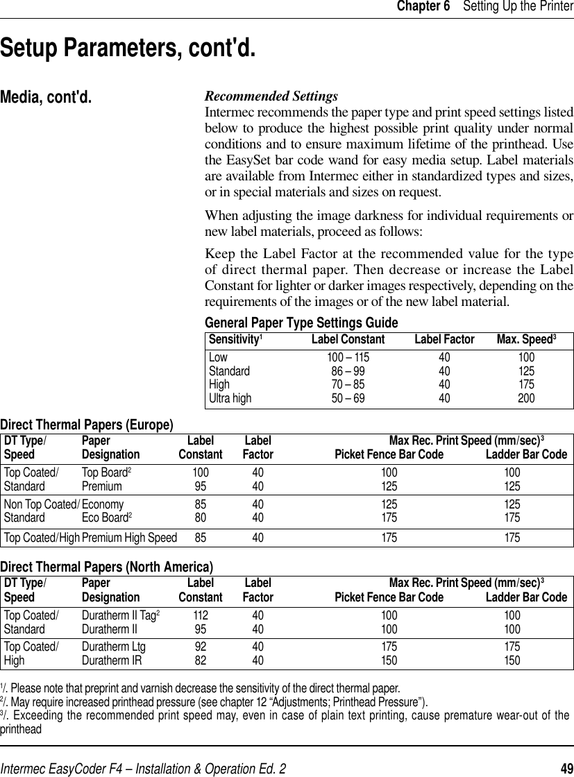 Intermec EasyCoder F4 – Installation &amp; Operation Ed. 2   49 Chapter 6    Setting Up the PrinterSetup Parameters, cont&apos;d.Media, cont&apos;d.Recommended SettingsIntermec recommends the paper type and print speed settings listed below to produce the highest possible print quality under normal conditions and to ensure maximum lifetime of the printhead. Use the EasySet bar code wand for easy media setup. Label materials are available from Intermec either in standardized types and sizes, or in special materials and sizes on request.When adjusting the image darkness for individual requirements or new label materials, proceed as follows:Keep the Label Factor at the recommended value for the type of direct thermal paper. Then decrease or increase the Label Constant for lighter or darker images respectively, depending on the requirements of the images or of the new label material.General Paper Type Settings GuideSensitivity1                  Label Constant            Label Factor         Max. Speed3Low                                     100 – 115                          40                          100Standard                               86 – 99                            40                          125High                                      70 – 85                            40                          175Ultra high                              50 – 69                            40                          200Direct Thermal Papers (Europe)DT Type/             Paper                             Label            Label                                             Max Rec. Print Speed (mm/sec)3 Speed                  Designation               Constant       Factor                       Picket Fence Bar Code               Ladder Bar CodeTop Coated/         Top Board2                       100                 40                                            100                                        100Standard              Premium                            95                  40                                             125                                        125Non Top Coated/ Economy                           85                  40                                             125                                        125Standard              Eco Board2                       80                  40                                             175                                        175Top Coated/High Premium High Speed       85                  40                                             175                                        175Direct Thermal Papers (North America)DT Type/             Paper                             Label            Label                                             Max Rec. Print Speed (mm/sec)3 Speed                  Designation               Constant       Factor                       Picket Fence Bar Code               Ladder Bar CodeTop Coated/         Duratherm II Tag2            112                 40                                             100                                        100Standard              Duratherm II                      95                  40                                             100                                        100Top Coated/         Duratherm Ltg                   92                  40                                             175                                        175High                     Duratherm IR                    82                  40                                             150                                        1501/. Please note that preprint and varnish decrease the sensitivity of the direct thermal paper.2/. May require increased printhead pressure (see chapter 12 “Adjustments; Printhead Pressure”).3/. Exceeding the recommended print speed may, even in case of plain text printing, cause premature wear-out of the printhead