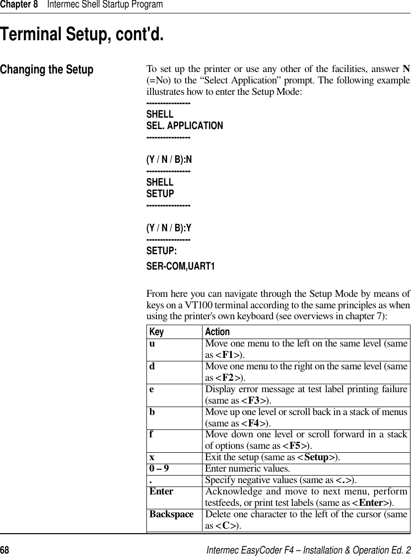 Intermec EasyCoder F4 – Installation &amp; Operation Ed. 268 Chapter 8    Intermec Shell Startup ProgramTerminal Setup, cont&apos;d.Changing the SetupTo set up the printer or use any other of the facilities, answer N (=No) to the “Select Application” prompt. The following example illustrates how to enter the Setup Mode:----------------SHELLSEL. APPLICATION----------------(Y / N / B):N----------------SHELLSETUP----------------(Y / N / B):Y----------------SETUP:SER-COM,UART1From here you can navigate through the Setup Mode by means of keys on a VT100 terminal according to the same principles as when using the printer&apos;s own keyboard (see overviews in chapter 7):Key                    Actionu                     Move one menu to the left on the same level (same                        as &lt;F1&gt;).d                     Move one menu to the right on the same level (same                        as &lt;F2&gt;).e                     Display error message at test label printing failure                        (same as &lt;F3&gt;).b                     Move up one level or scroll back in a stack of menus                        (same as &lt;F4 &gt;).f                      Move down one level or scroll forward in a stack                        of options (same as &lt;F5&gt;).x                     Exit the setup (same as &lt;Setup&gt;).0 – 9               Enter numeric values..                      Specify negative values (same as &lt; . &gt;).Enter             Acknowledge  and move  to  next  menu,  perform                        testfeeds, or print test labels (same as &lt;Enter&gt;).Backspace     Delete one character to the left of the cursor (same                        as &lt;C&gt;).  