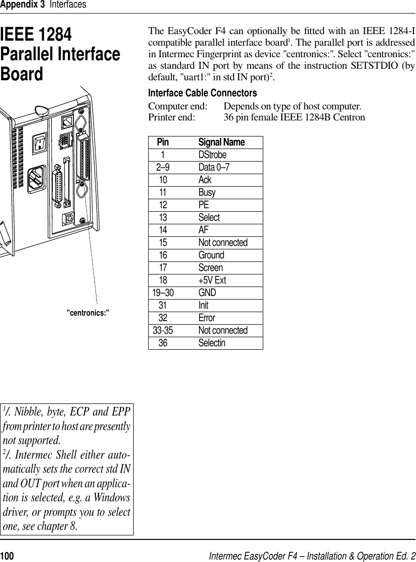 Intermec EasyCoder F4 – Installation &amp; Operation Ed. 2100 Appendix 3  Interfaces1/. Nibble, byte, ECP and EPP from printer to host are presently not supported.2/. Intermec Shell either auto-matically sets the correct std IN and OUT port when an applica-tion is selected, e.g. a Windows driver, or prompts you to select one, see chapter 8.IEEE 1284Parallel Interface BoardThe EasyCoder F4 can optionally be ﬁ tted with an IEEE 1284-I compatible parallel interface board1. The parallel port is addressed in Intermec Fingerprint as device &quot;centronics:&quot;. Select &quot;centronics:&quot; as standard IN port by means of the instruction SETSTDIO (by default, &quot;uart1:&quot; in std IN port)2.Interface Cable ConnectorsComputer end:  Depends on type of host computer.Printer end:  36 pin female IEEE 1284B Centron Pin Signal Name 1  DStrobe 2–9 Data 0–7 10  Ack 11  Busy 12  PE 13  Select 14  AF 15  Not connected 16  Ground 17  Screen 18  +5V Ext 19 –30 GND 31  Init 32  Error 33-35  Not connected 36  Selectin&quot;centronics:&quot;