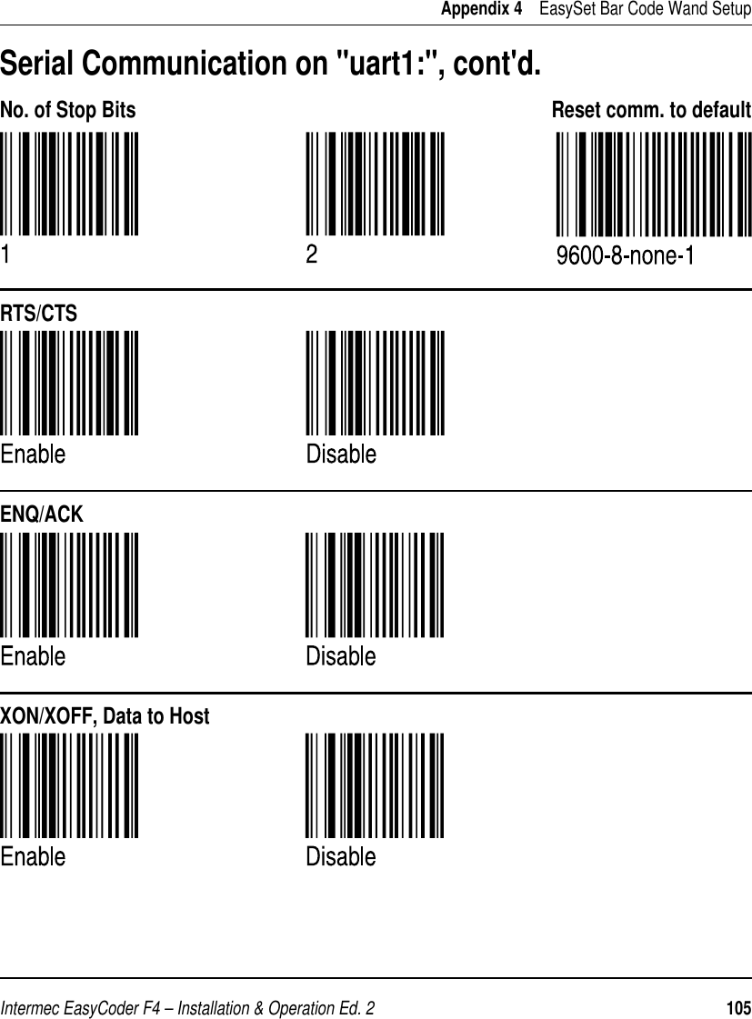 Intermec EasyCoder F4 – Installation &amp; Operation Ed. 2   105 Appendix 4    EasySet Bar Code Wand SetupSerial Communication on &quot;uart1:&quot;, cont&apos;d.No. of Stop BitsRTS/CTSXON/XOFF, Data to HostReset comm. to defaultENQ/ACK