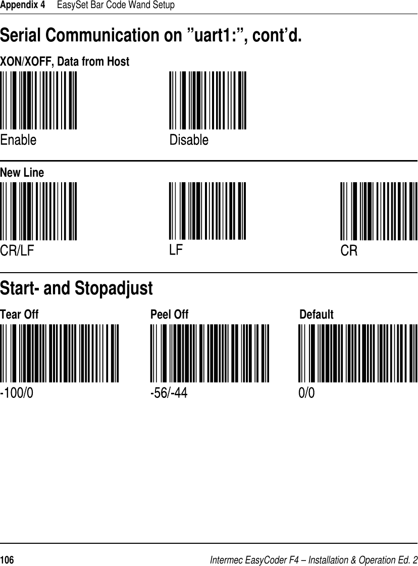 Intermec EasyCoder F4 – Installation &amp; Operation Ed. 2106 Appendix 4     EasySet Bar Code Wand SetupStart- and StopadjustPeel OffTear OffXON/XOFF, Data from HostNew LineSerial Communication on ”uart1:”, cont’d.Default