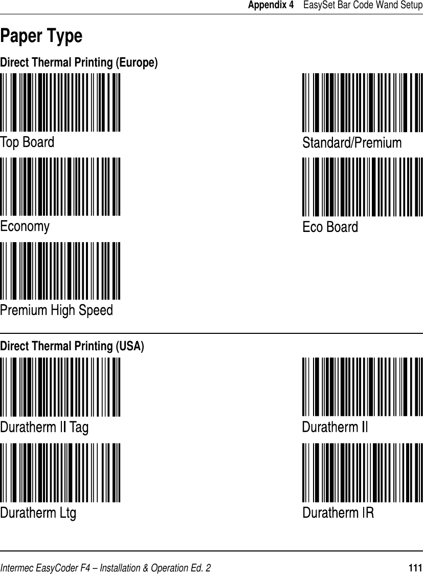 Intermec EasyCoder F4 – Installation &amp; Operation Ed. 2   111 Appendix 4    EasySet Bar Code Wand SetupDirect Thermal Printing (Europe)Paper TypeDirect Thermal Printing (USA)