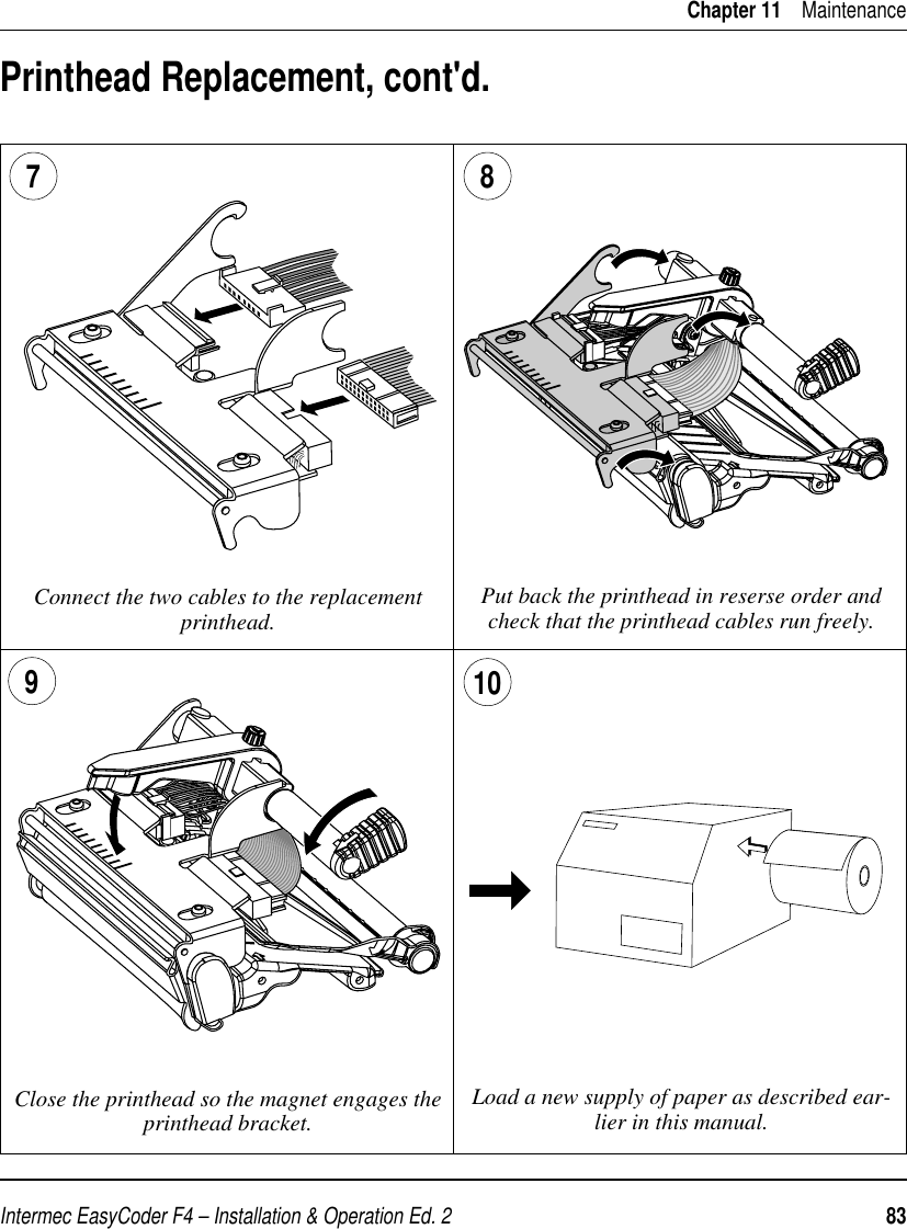 Intermec EasyCoder F4 – Installation &amp; Operation Ed. 2   83 Chapter 11    MaintenancePrinthead Replacement, cont&apos;d.Connect the two cables to the replacement printhead. Put back the printhead in reserse order and check that the printhead cables run freely.9Load a new supply of paper as described ear-lier in this manual.Close the printhead so the magnet engages the printhead bracket.8710