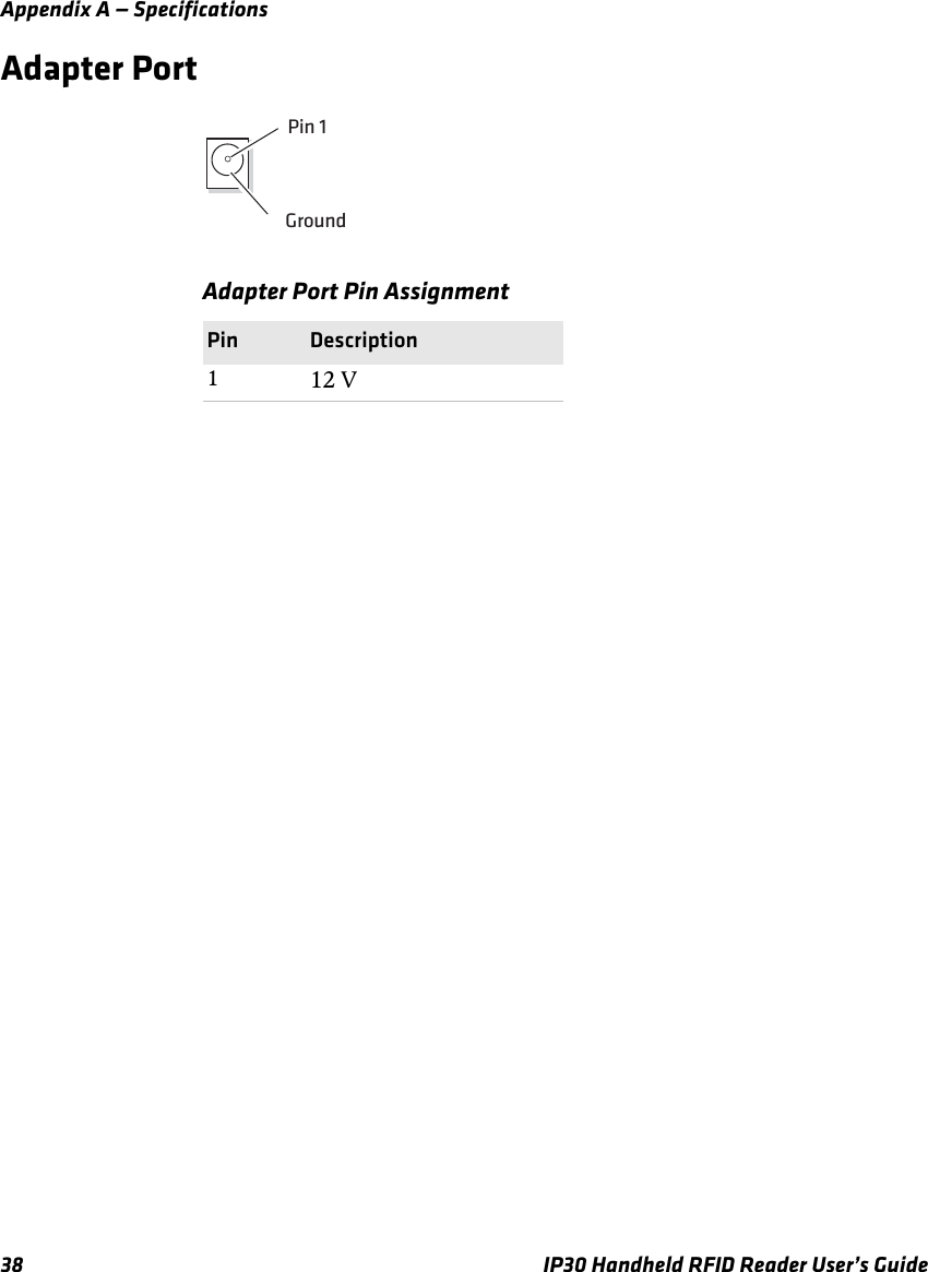 Appendix A — Specifications38 IP30 Handheld RFID Reader User’s GuideAdapter PortAdapter Port Pin AssignmentPin Description112 VPin 1 Ground