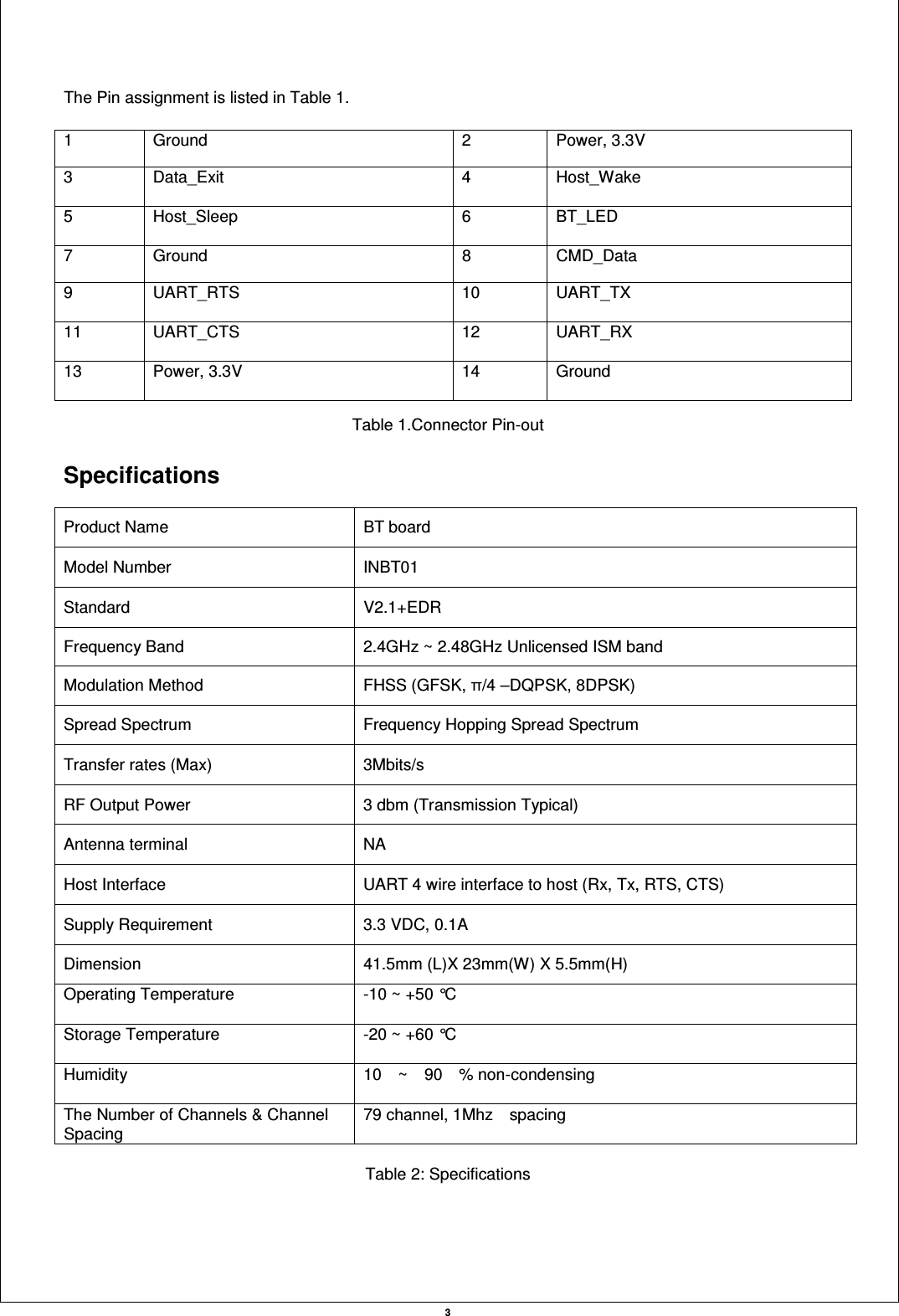 3  The Pin assignment is listed in Table 1.  Table 1.Connector Pin-out  Specifications  Product Name    BT board Model Number    INBT01 Standard    V2.1+EDR Frequency Band    2.4GHz ~ 2.48GHz Unlicensed ISM band Modulation Method    FHSS (GFSK, /4 –DQPSK, 8DPSK) Spread Spectrum    Frequency Hopping Spread Spectrum Transfer rates (Max)    3Mbits/s RF Output Power    3 dbm (Transmission Typical) Antenna terminal    NA Host Interface  UART 4 wire interface to host (Rx, Tx, RTS, CTS) Supply Requirement    3.3 VDC, 0.1A Dimension    41.5mm (L)X 23mm(W) X 5.5mm(H) Operating Temperature    -10 ~ +50 °C Storage Temperature    -20 ~ +60 °C Humidity    10    ~    90    % non-condensing The Number of Channels &amp; Channel Spacing  79 channel, 1Mhz    spacing  Table 2: Specifications 1  Ground  2  Power, 3.3V 3  Data_Exit  4  Host_Wake 5  Host_Sleep  6  BT_LED 7  Ground  8  CMD_Data 9  UART_RTS  10  UART_TX 11  UART_CTS  12  UART_RX 13  Power, 3.3V  14  Ground 