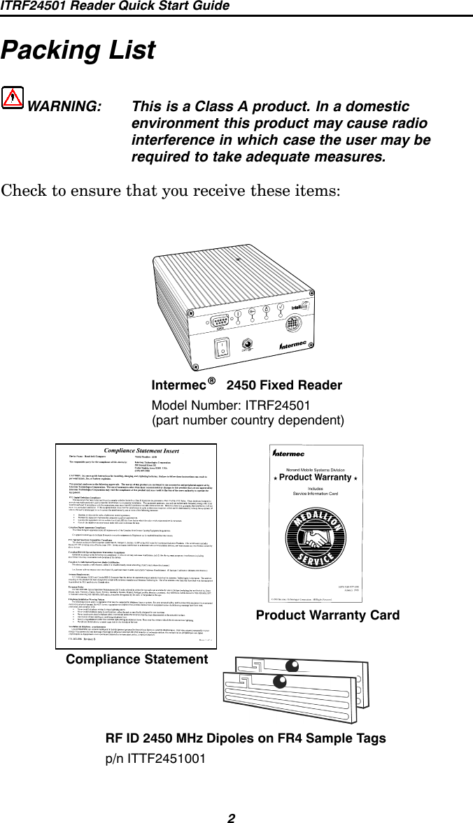 ITRF24501 Reader Quick Start Guide2Packing ListWARNING: This is a Class A product. In a domesticenvironment this product may cause radiointerference in which case the user may berequired to take adequate measures.Check to ensure that you receive these items:IntermecRRRR2450 Fixed ReaderModel Number: ITRF24501(part number country dependent)Product Warranty CardCompliance StatementRF ID 2450 MHz Dipoles on FR4 Sample Tagsp/n ITTF2451001