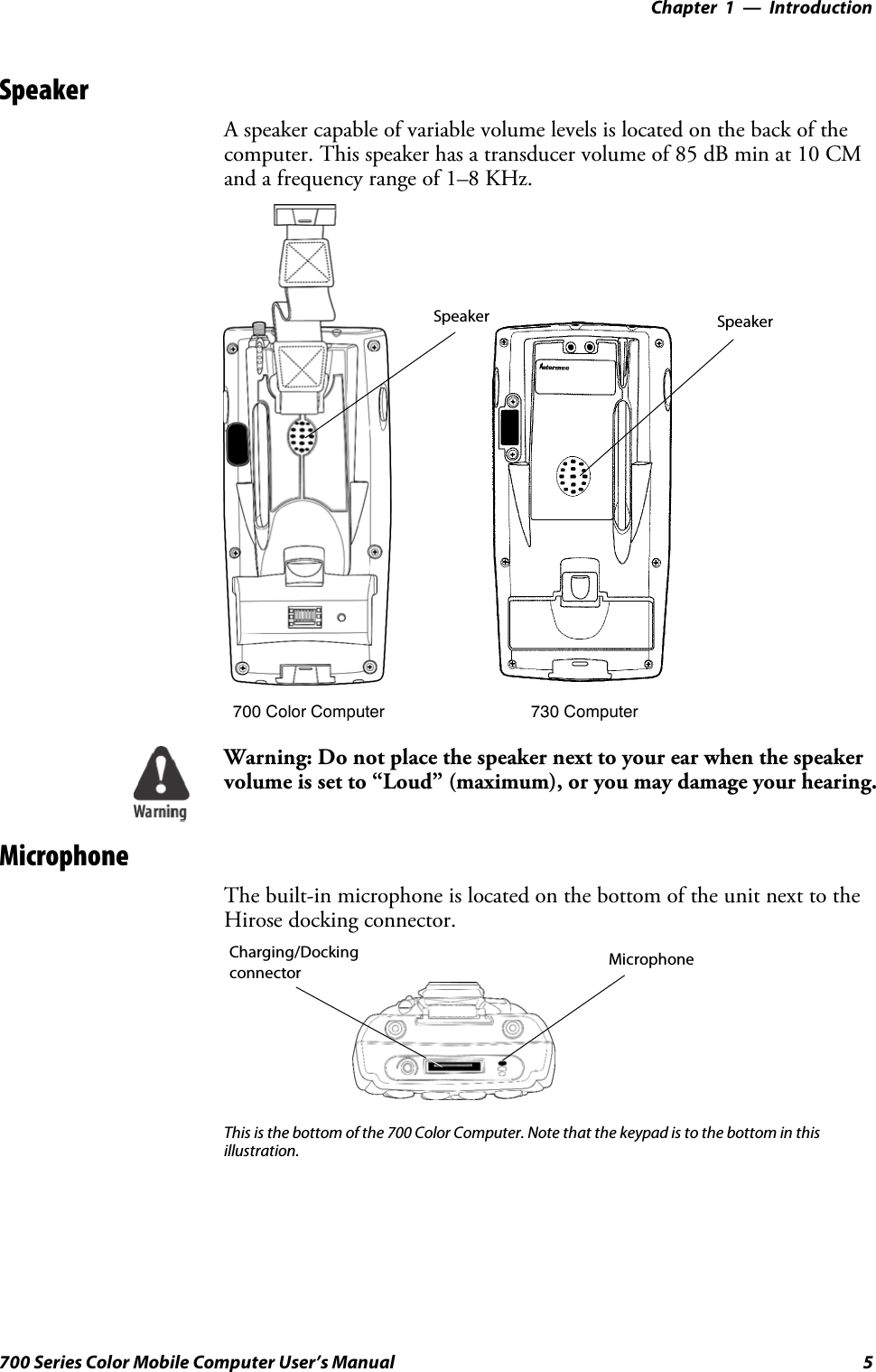 Introduction—Chapter 15700 Series Color Mobile Computer User’s ManualSpeakerA speaker capable of variable volume levels is located on the back of thecomputer. This speaker has a transducer volume of 85 dB min at 10 CMand a frequency range of 1–8 KHz.Speaker Speaker700 Color Computer 730 ComputerWarning: Do not place the speaker next to your ear when the speakervolume is set to “Loud” (maximum), or you may damage your hearing.MicrophoneThe built-in microphone is located on the bottom of the unit next to theHirose docking connector.Charging/Dockingconnector MicrophoneThis is the bottom of the 700 Color Computer. Note that the keypad is to the bottom in thisillustration.