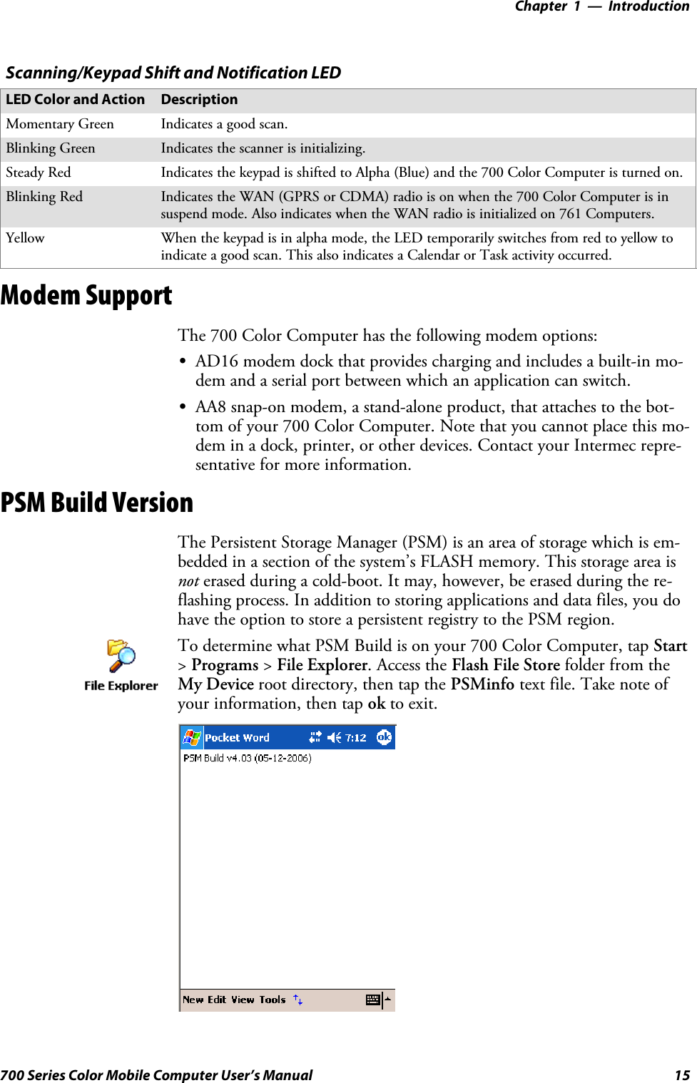 Introduction—Chapter 115700 Series Color Mobile Computer User’s ManualScanning/Keypad Shift and Notification LEDLED Color and Action DescriptionMomentary Green Indicates a good scan.Blinking Green Indicates the scanner is initializing.Steady Red Indicates the keypad is shifted to Alpha (Blue) and the 700 Color Computer is turned on.Blinking Red Indicates the WAN (GPRS or CDMA) radio is on when the 700 Color Computer is insuspend mode. Also indicates when the WAN radio is initialized on 761 Computers.Yellow When the keypad is in alpha mode, the LED temporarily switches from red to yellow toindicate a good scan. This also indicates a Calendar or Task activity occurred.Modem SupportThe 700 Color Computer has the following modem options:SAD16 modem dock that provides charging and includes a built-in mo-dem and a serial port between which an application can switch.SAA8 snap-on modem, a stand-alone product, that attaches to the bot-tom of your 700 Color Computer. Note that you cannot place this mo-dem in a dock, printer, or other devices. Contact your Intermec repre-sentative for more information.PSM Build VersionThe Persistent Storage Manager (PSM) is an area of storage which is em-bedded in a section of the system’s FLASH memory. This storage area isnot erased during a cold-boot. It may, however, be erased during the re-flashing process. In addition to storing applications and data files, you dohave the option to store a persistent registry to the PSM region.To determine what PSM Build is on your 700 Color Computer, tap Start&gt;Programs &gt;File Explorer. Access the Flash File Store folder from theMy Device root directory, then tap the PSMinfo text file. Take note ofyour information, then tap ok to exit.