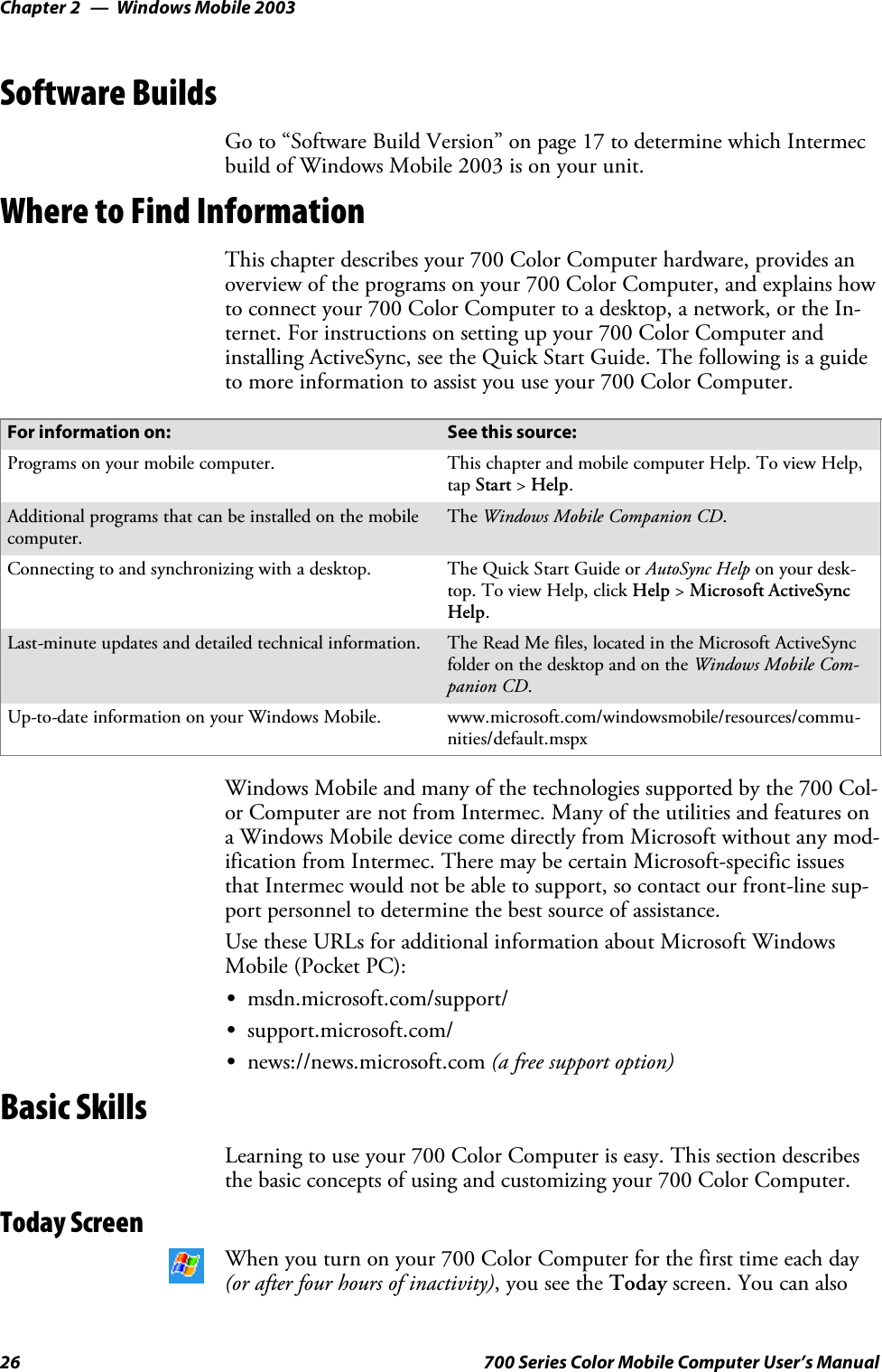 Windows Mobile 2003Chapter —226 700 Series Color Mobile Computer User’s ManualSoftware BuildsGo to “Software Build Version” on page 17 to determine which Intermecbuild of Windows Mobile 2003 is on your unit.Where to Find InformationThis chapter describes your 700 Color Computer hardware, provides anoverview of the programs on your 700 Color Computer, and explains howto connect your 700 Color Computer to a desktop, a network, or the In-ternet. For instructions on setting up your 700 Color Computer andinstalling ActiveSync, see the Quick Start Guide. The following is a guideto more information to assist you use your 700 Color Computer.For information on: See this source:Programs on your mobile computer. This chapter and mobile computer Help. To view Help,tap Start &gt;Help.Additional programs that can be installed on the mobilecomputer.The Windows Mobile Companion CD.Connecting to and synchronizing with a desktop. The Quick Start Guide or AutoSync Help on your desk-top. To view Help, click Help &gt;Microsoft ActiveSyncHelp.Last-minute updates and detailed technical information. The Read Me files, located in the Microsoft ActiveSyncfolder on the desktop and on the Windows Mobile Com-panion CD.Up-to-date information on your Windows Mobile. www.microsoft.com/windowsmobile/resources/commu-nities/default.mspxWindows Mobile and many of the technologies supported by the 700 Col-or Computer are not from Intermec. Many of the utilities and features ona Windows Mobile device come directly from Microsoft without any mod-ification from Intermec. There may be certain Microsoft-specific issuesthat Intermec would not be able to support, so contact our front-line sup-port personnel to determine the best source of assistance.Use these URLs for additional information about Microsoft WindowsMobile (Pocket PC):Smsdn.microsoft.com/support/Ssupport.microsoft.com/Snews://news.microsoft.com (a free support option)Basic SkillsLearning to use your 700 Color Computer is easy. This section describesthe basic concepts of using and customizing your 700 Color Computer.Today ScreenWhen you turn on your 700 Color Computer for the first time each day(or after four hours of inactivity),youseetheToday screen. You can also