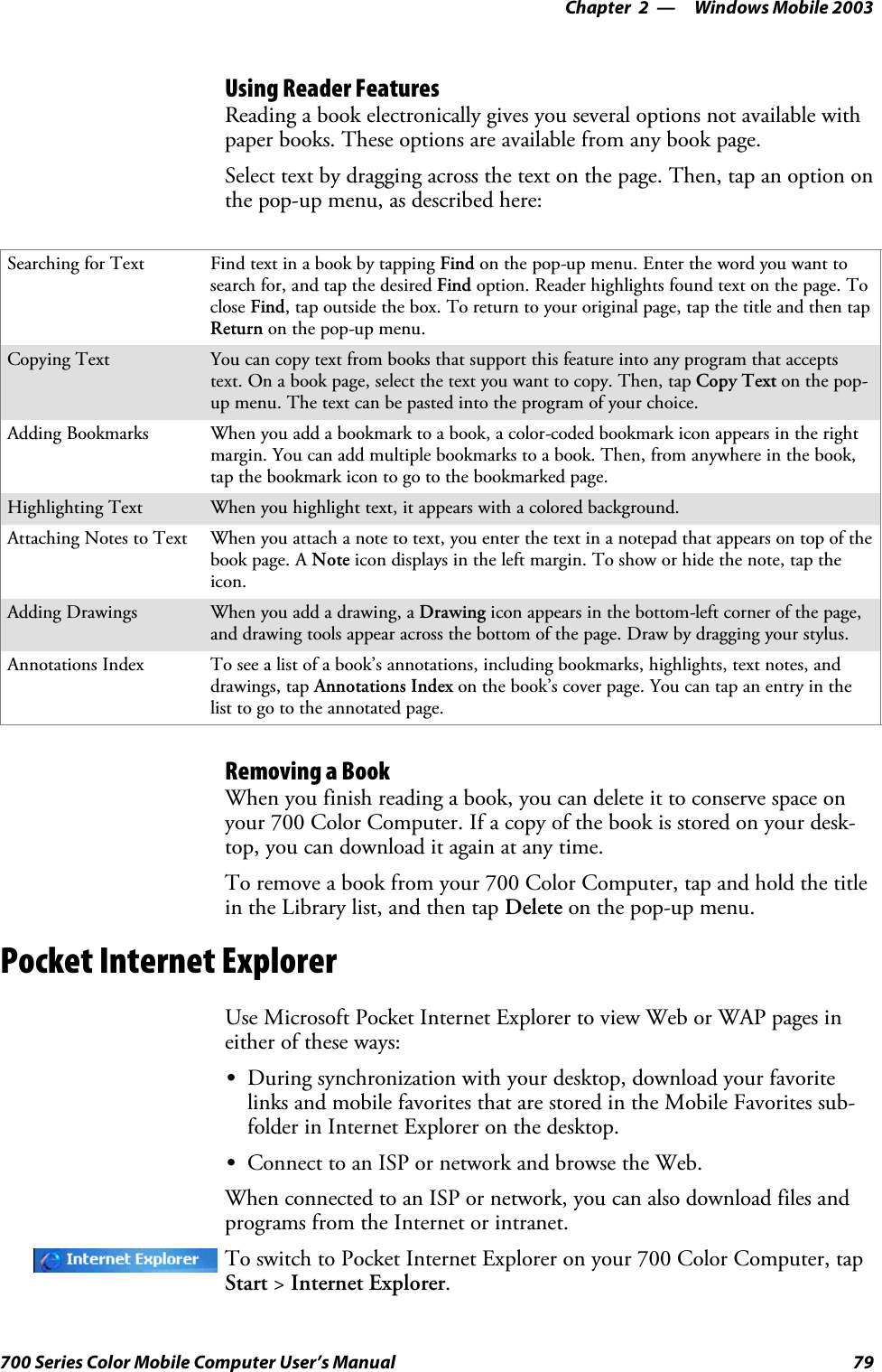 Windows Mobile 2003—Chapter 279700 Series Color Mobile Computer User’s ManualUsing Reader FeaturesReading a book electronically gives you several options not available withpaper books. These options are available from any book page.Select text by dragging across the text on the page. Then, tap an option onthe pop-up menu, as described here:Searching for Text Find text in a book by tapping Find on the pop-up menu. Enter the word you want tosearch for, and tap the desired Find option. Reader highlights found text on the page. Toclose Find, tap outside the box. To return to your original page, tap the title and then tapReturn on the pop-up menu.Copying Text You can copy text from books that support this feature into any program that acceptstext. On a book page, select the text you want to copy. Then, tap Copy Text on the pop-up menu. The text can be pasted into the program of your choice.Adding Bookmarks When you add a bookmark to a book, a color-coded bookmark icon appears in the rightmargin. You can add multiple bookmarks to a book. Then, from anywhere in the book,tap the bookmark icon to go to the bookmarked page.Highlighting Text When you highlight text, it appears with a colored background.Attaching Notes to Text When you attach a note to text, you enter the text in a notepad that appears on top of thebook page. A Note icon displays in the left margin. To show or hide the note, tap theicon.Adding Drawings When you add a drawing, a Drawing icon appears in the bottom-left corner of the page,and drawing tools appear across the bottom of the page. Draw by dragging your stylus.Annotations Index To see a list of a book’s annotations, including bookmarks, highlights, text notes, anddrawings, tap Annotations Index on the book’s cover page. You can tap an entry in thelist to go to the annotated page.Removing a BookWhen you finish reading a book, you can delete it to conserve space onyour 700 Color Computer. If a copy of the book is stored on your desk-top, you can download it again at any time.To remove a book from your 700 Color Computer, tap and hold the titlein the Library list, and then tap Delete on the pop-up menu.Pocket Internet ExplorerUse Microsoft Pocket Internet Explorer to view Web or WAP pages ineither of these ways:SDuring synchronization with your desktop, download your favoritelinks and mobile favorites that are stored in the Mobile Favorites sub-folder in Internet Explorer on the desktop.SConnect to an ISP or network and browse the Web.When connected to an ISP or network, you can also download files andprograms from the Internet or intranet.To switch to Pocket Internet Explorer on your 700 Color Computer, tapStart &gt;Internet Explorer.