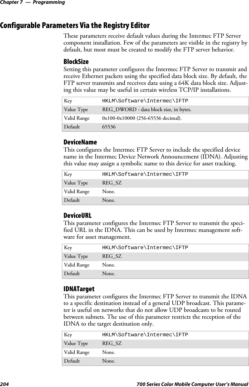 ProgrammingChapter —7204 700 Series Color Mobile Computer User’s ManualConfigurable Parameters Via the Registry EditorThese parameters receive default values during the Intermec FTP Servercomponent installation. Few of the parameters are visible in the registry bydefault, but most must be created to modify the FTP server behavior.BlockSizeSetting this parameter configures the Intermec FTP Server to transmit andreceive Ethernet packets using the specified data block size. By default, theFTP server transmits and receives data using a 64K data block size. Adjust-ing this value may be useful in certain wireless TCP/IP installations.Key HKLM\Software\Intermec\IFTPValue Type REG_DWORD - data block size, in bytes.Valid Range 0x100-0x10000 (256-65536 decimal).Default 65536DeviceNameThis configures the Intermec FTP Server to include the specified devicename in the Intermec Device Network Announcement (IDNA). Adjustingthis value may assign a symbolic name to this device for asset tracking.Key HKLM\Software\Intermec\IFTPValue Type REG_SZValid Range None.Default None.DeviceURLThis parameter configures the Intermec FTP Server to transmit the speci-fied URL in the IDNA. This can be used by Intermec management soft-ware for asset management.Key HKLM\Software\Intermec\IFTPValue Type REG_SZValid Range None.Default None.IDNATargetThis parameter configures the Intermec FTP Server to transmit the IDNAto a specific destination instead of a general UDP broadcast. This parame-ter is useful on networks that do not allow UDP broadcasts to be routedbetween subnets. The use of this parameter restricts the reception of theIDNA to the target destination only.Key HKLM\Software\Intermec\IFTPValue Type REG_SZValid Range None.Default None.