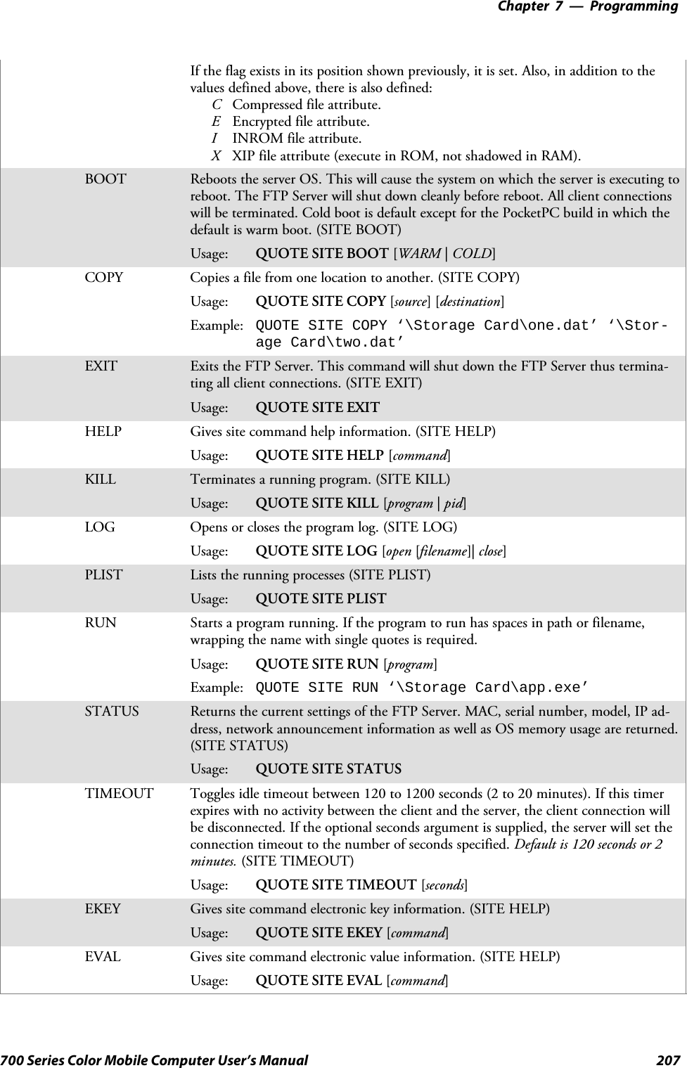 Programming—Chapter 7207700 Series Color Mobile Computer User’s ManualIf the flag exists in its position shown previously, it is set. Also, in addition to thevalues defined above, there is also defined:CCompressed file attribute.EEncrypted file attribute.IINROM file attribute.XXIPfileattribute(executeinROM,notshadowedinRAM).BOOT Reboots the server OS. This will cause the system on which the server is executing toreboot. The FTP Server will shut down cleanly before reboot. All client connectionswill be terminated. Cold boot is default except for the PocketPC build in which thedefault is warm boot. (SITE BOOT)Usage: QUOTE SITE BOOT [WARM |COLD]COPY Copies a file from one location to another. (SITE COPY)Usage: QUOTE SITE COPY [source][destination]Example: QUOTE SITE COPY ‘\Storage Card\one.dat’ ‘\Stor-age Card\two.dat’EXIT Exits the FTP Server. This command will shut down the FTP Server thus termina-ting all client connections. (SITE EXIT)Usage: QUOTE SITE EXITHELP Gives site command help information. (SITE HELP)Usage: QUOTE SITE HELP [command]KILL Terminates a running program. (SITE KILL)Usage: QUOTE SITE KILL [program |pid]LOG Opens or closes the program log. (SITE LOG)Usage: QUOTE SITE LOG [open [filename]| close]PLIST Lists the running processes (SITE PLIST)Usage: QUOTE SITE PLISTRUN Starts a program running. If the program to run has spaces in path or filename,wrappingthenamewithsinglequotesisrequired.Usage: QUOTE SITE RUN [program]Example: QUOTE SITE RUN ‘\Storage Card\app.exe’STATUS Returns the current settings of the FTP Server. MAC, serial number, model, IP ad-dress, network announcement information as well as OS memory usage are returned.(SITE STATUS)Usage: QUOTE SITE STATUSTIMEOUT Toggles idle timeout between 120 to 1200 seconds (2 to 20 minutes). If this timerexpires with no activity between the client and the server, the client connection willbe disconnected. If the optional seconds argument is supplied, the server will set theconnection timeout to the number of seconds specified. Default is 120 seconds or 2minutes. (SITE TIMEOUT)Usage: QUOTE SITE TIMEOUT [seconds]EKEY Gives site command electronic key information. (SITE HELP)Usage: QUOTE SITE EKEY [command]EVAL Gives site command electronic value information. (SITE HELP)Usage: QUOTE SITE EVAL [command]