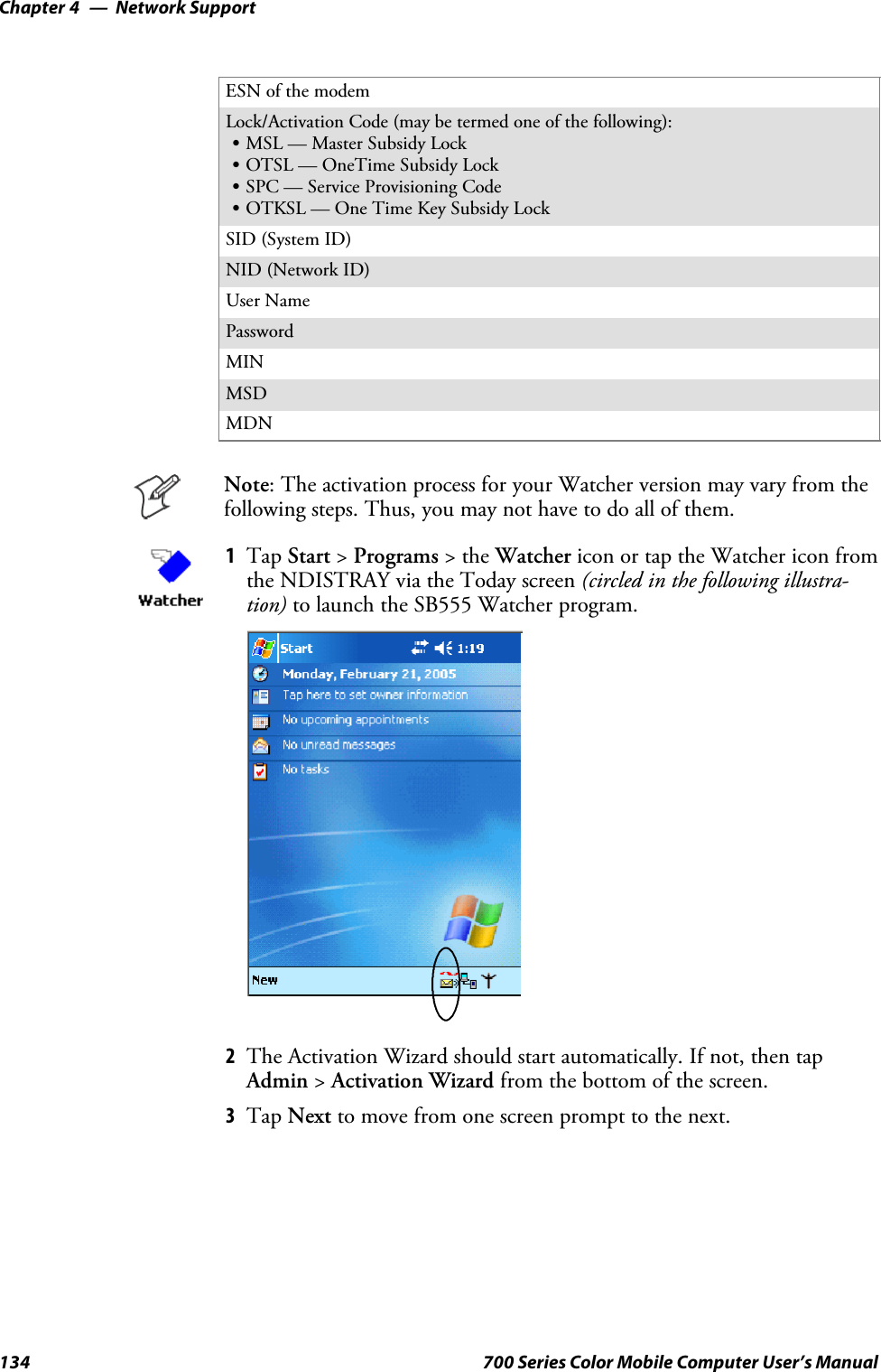 Network SupportChapter —4134 700 Series Color Mobile Computer User’s ManualESN of the modemLock/ActivationCode(maybetermedoneofthefollowing):SMSL — Master Subsidy LockSOTSL — OneTime Subsidy LockSSPC — Service Provisioning CodeSOTKSL — One Time Key Subsidy LockSID (System ID)NID (Network ID)User NamePasswordMINMSDMDNNote: The activation process for your Watcher version may vary from thefollowing steps. Thus, you may not have to do all of them.1Tap Start &gt;Programs &gt;theWatcher icon or tap the Watcher icon fromthe NDISTRAY via the Today screen (circled in the following illustra-tion) to launch the SB555 Watcher program.2The Activation Wizard should start automatically. If not, then tapAdmin &gt;Activation Wizard from the bottom of the screen.3Tap Next to move from one screen prompt to the next.