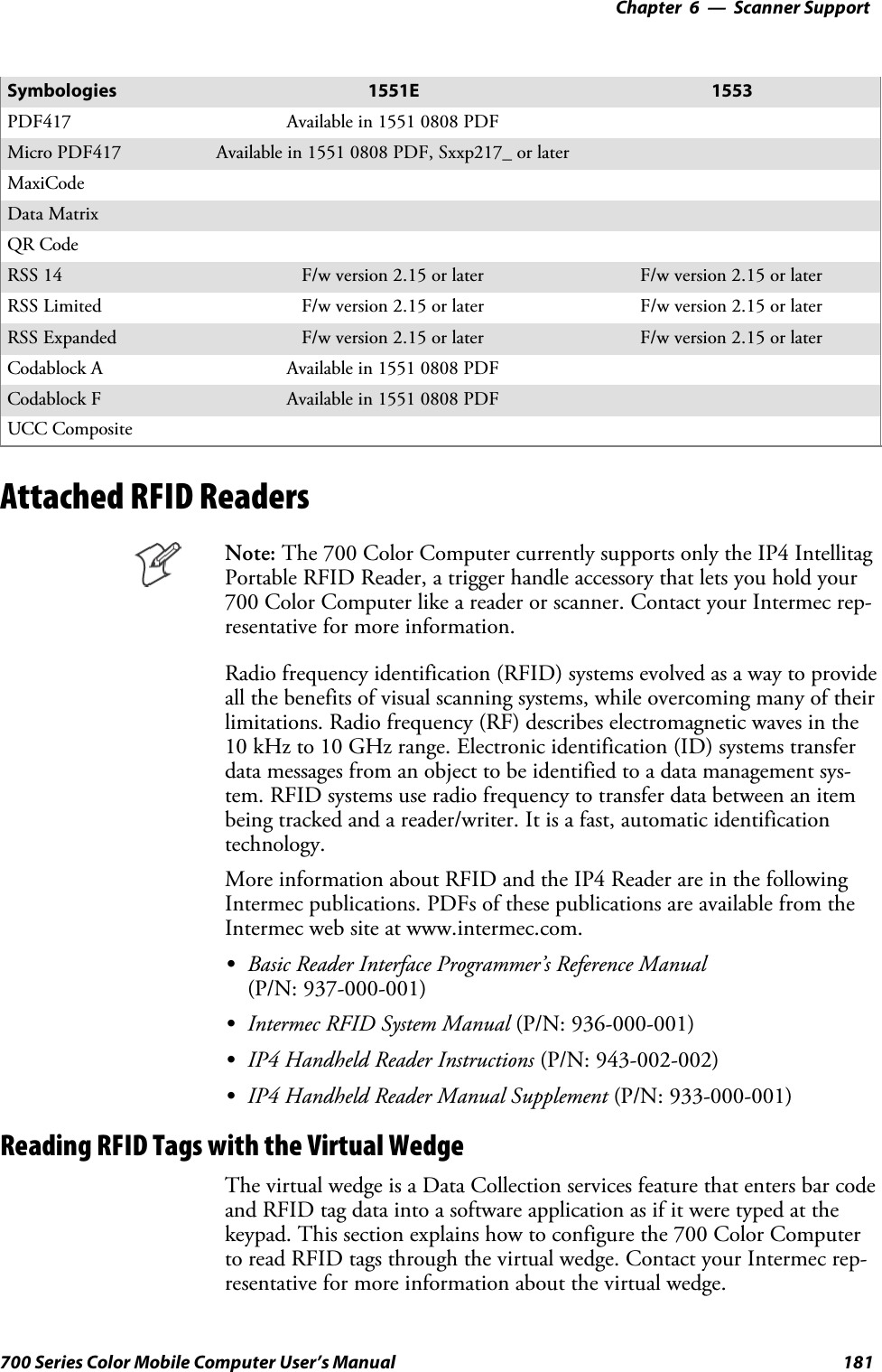 6 Scanner Support—Chapter181700 Series Color Mobile Computer User’s Manual15531551ESymbologiesPDF417 Available in 1551 0808 PDFMicro PDF417 Available in 1551 0808 PDF, Sxxp217_ or laterMaxiCodeData MatrixQR CodeRSS 14 F/w version 2.15 or later F/w version 2.15 or laterRSS Limited F/w version 2.15 or later F/w version 2.15 or laterRSS Expanded F/w version 2.15 or later F/w version 2.15 or laterCodablock A Available in 1551 0808 PDFCodablock F Available in 1551 0808 PDFUCC CompositeAttached RFID ReadersNote: The 700 Color Computer currently supports only the IP4 IntellitagPortable RFID Reader, a trigger handle accessory that lets you hold your700 Color Computer like a reader or scanner. Contact your Intermec rep-resentative for more information.Radio frequency identification (RFID) systems evolved as a way to provideall the benefits of visual scanning systems, while overcoming many of theirlimitations. Radio frequency (RF) describes electromagnetic waves in the10 kHz to 10 GHz range. Electronic identification (ID) systems transferdata messages from an object to be identified to a data management sys-tem. RFID systems use radio frequency to transfer data between an itembeing tracked and a reader/writer. It is a fast, automatic identificationtechnology.More information about RFID and the IP4 Reader are in the followingIntermec publications. PDFs of these publications are available from theIntermec web site at www.intermec.com.SBasic Reader Interface Programmer’s Reference Manual(P/N: 937-000-001)SIntermec RFID System Manual (P/N: 936-000-001)SIP4 Handheld Reader Instructions (P/N: 943-002-002)SIP4 Handheld Reader Manual Supplement (P/N: 933-000-001)Reading RFID Tags with the Virtual WedgeThe virtual wedge is a Data Collection services feature that enters bar codeand RFID tag data into a software application as if it were typed at thekeypad. This section explains how to configure the 700 Color Computerto read RFID tags through the virtual wedge. Contact your Intermec rep-resentative for more information about the virtual wedge.