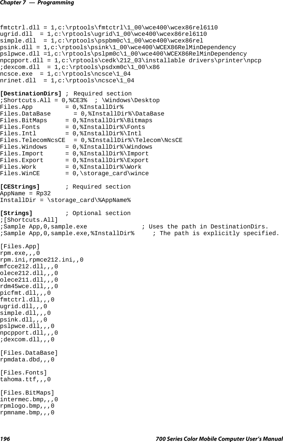 ProgrammingChapter —7196 700 Series Color Mobile Computer User’s Manualfmtctrl.dll = 1,c:\rptools\fmtctrl\1_00\wce400\wcex86rel6110ugrid.dll = 1,c:\rptools\ugrid\1_00\wce400\wcex86rel6110simple.dll = 1,c:\rptools\pspbm0c\1_00\wce400\wcex86relpsink.dll = 1,c:\rptools\psink\1_00\wce400\WCEX86RelMinDependencypslpwce.dll =1,c:\rptools\pslpm0c\1_00\wce400\WCEX86RelMinDependencynpcpport.dll = 1,c:\rptools\cedk\212_03\installable drivers\printer\npcp;dexcom.dll = 1,c:\rptools\psdxm0c\1_00\x86ncsce.exe = 1,c:\rptools\ncsce\1_04nrinet.dll = 1,c:\rptools\ncsce\1_04[DestinationDirs] ; Required section;Shortcuts.All = 0,%CE3% ; \Windows\DesktopFiles.App = 0,%InstallDir%Files.DataBase = 0,%InstallDir%\DataBaseFiles.BitMaps = 0,%InstallDir%\BitmapsFiles.Fonts = 0,%InstallDir%\FontsFiles.Intl = 0,%InstallDir%\IntlFiles.TelecomNcsCE = 0,%InstallDir%\Telecom\NcsCEFiles.Windows = 0,%InstallDir%\WindowsFiles.Import = 0,%InstallDir%\ImportFiles.Export = 0,%InstallDir%\ExportFiles.Work = 0,%InstallDir%\WorkFiles.WinCE = 0,\storage_card\wince[CEStrings] ; Required sectionAppName = Rp32InstallDir = \storage_card\%AppName%[Strings] ; Optional section;[Shortcuts.All];Sample App,0,sample.exe ; Uses the path in DestinationDirs.;Sample App,0,sample.exe,%InstallDir% ; The path is explicitly specified.[Files.App]rpm.exe,,,0rpm.ini,rpmce212.ini,,0mfcce212.dll,,,0olece212.dll,,,0olece211.dll,,,0rdm45wce.dll,,,0picfmt.dll,,,0fmtctrl.dll,,,0ugrid.dll,,,0simple.dll,,,0psink.dll,,,0pslpwce.dll,,,0npcpport.dll,,,0;dexcom.dll,,,0[Files.DataBase]rpmdata.dbd,,,0[Files.Fonts]tahoma.ttf,,,0[Files.BitMaps]intermec.bmp,,,0rpmlogo.bmp,,,0rpmname.bmp,,,0