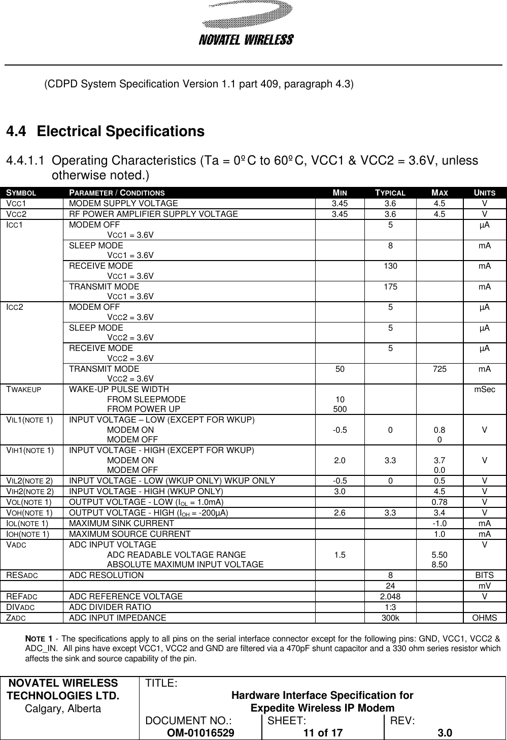   NOVATEL WIRELESS TECHNOLOGIES LTD.  Calgary, Alberta TITLE: Hardware Interface Specification for Expedite Wireless IP Modem  DOCUMENT NO.: OM-01016529 SHEET: 11 of 17 REV: 3.0    (CDPD System Specification Version 1.1 part 409, paragraph 4.3)   4.4 Electrical Specifications 4.4.1.1 Operating Characteristics (Ta = 0ºC to 60ºC, VCC1 &amp; VCC2 = 3.6V, unless otherwise noted.) SYMBOL PARAMETER / CONDITIONS MIN  TYPICAL MAX UNITS VCC1 MODEM SUPPLY VOLTAGE 3.45 3.6 4.5 V VCC2 RF POWER AMPLIFIER SUPPLY VOLTAGE 3.45 3.6 4.5 V MODEM OFF VCC1 = 3.6V  5    µA SLEEP MODE VCC1 = 3.6V  8    mA RECEIVE MODE  VCC1 = 3.6V  130   mA ICC1 TRANSMIT MODE  VCC1 = 3.6V  175    mA MODEM OFF VCC2 = 3.6V  5    µA SLEEP MODE  VCC2 = 3.6V  5     µA RECEIVE MODE VCC2 = 3.6V  5     µA ICC2 TRANSMIT MODE VCC2 = 3.6V 50    725 mA TWAKEUP  WAKE-UP PULSE WIDTH FROM SLEEPMODE FROM POWER UP  10 500     mSec VIL1(NOTE 1) INPUT VOLTAGE – LOW (EXCEPT FOR WKUP) MODEM ON MODEM OFF  -0.5  0  0.8 0  V VIH1(NOTE 1) INPUT VOLTAGE - HIGH (EXCEPT FOR WKUP) MODEM ON MODEM OFF  2.0   3.3   3.7 0.0  V VIL2(NOTE 2) INPUT VOLTAGE - LOW (WKUP ONLY) WKUP ONLY -0.5 0 0.5 V VIH2(NOTE 2) INPUT VOLTAGE - HIGH (WKUP ONLY) 3.0    4.5 V VOL(NOTE 1) OUTPUT VOLTAGE - LOW (IOL = 1.0mA)      0.78 V VOH(NOTE 1) OUTPUT VOLTAGE - HIGH (IOH = -200µA) 2.6 3.3 3.4 V IOL(NOTE 1) MAXIMUM SINK CURRENT      -1.0 mA IOH(NOTE 1) MAXIMUM SOURCE CURRENT      1.0 mA VADC ADC INPUT VOLTAGE ADC READABLE VOLTAGE RANGE ABSOLUTE MAXIMUM INPUT VOLTAGE  1.5    5.50 8.50 V RESADC ADC RESOLUTION    8    BITS       24    mV REFADC ADC REFERENCE VOLTAGE    2.048    V DIVADC ADC DIVIDER RATIO    1:3     ZADC ADC INPUT IMPEDANCE    300k    OHMS  NOTE 1 - The specifications apply to all pins on the serial interface connector except for the following pins: GND, VCC1, VCC2 &amp; ADC_IN.  All pins have except VCC1, VCC2 and GND are filtered via a 470pF shunt capacitor and a 330 ohm series resistor which affects the sink and source capability of the pin.  