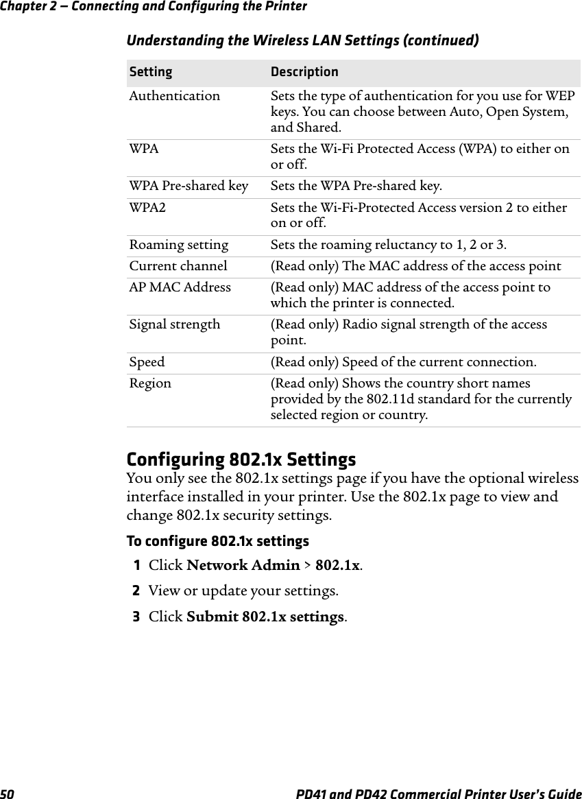 Chapter 2 — Connecting and Configuring the Printer50 PD41 and PD42 Commercial Printer User’s GuideConfiguring 802.1x SettingsYou only see the 802.1x settings page if you have the optional wireless interface installed in your printer. Use the 802.1x page to view and change 802.1x security settings.To configure 802.1x settings1Click Network Admin &gt; 802.1x.2View or update your settings.3Click Submit 802.1x settings.Authentication Sets the type of authentication for you use for WEP keys. You can choose between Auto, Open System, and Shared.WPA Sets the Wi-Fi Protected Access (WPA) to either on or off.WPA Pre-shared key Sets the WPA Pre-shared key.WPA2 Sets the Wi-Fi-Protected Access version 2 to either on or off.Roaming setting Sets the roaming reluctancy to 1, 2 or 3.Current channel (Read only) The MAC address of the access point AP MAC Address (Read only) MAC address of the access point to which the printer is connected.Signal strength (Read only) Radio signal strength of the access point.Speed (Read only) Speed of the current connection.Region (Read only) Shows the country short names provided by the 802.11d standard for the currently selected region or country.Understanding the Wireless LAN Settings (continued)Setting Description
