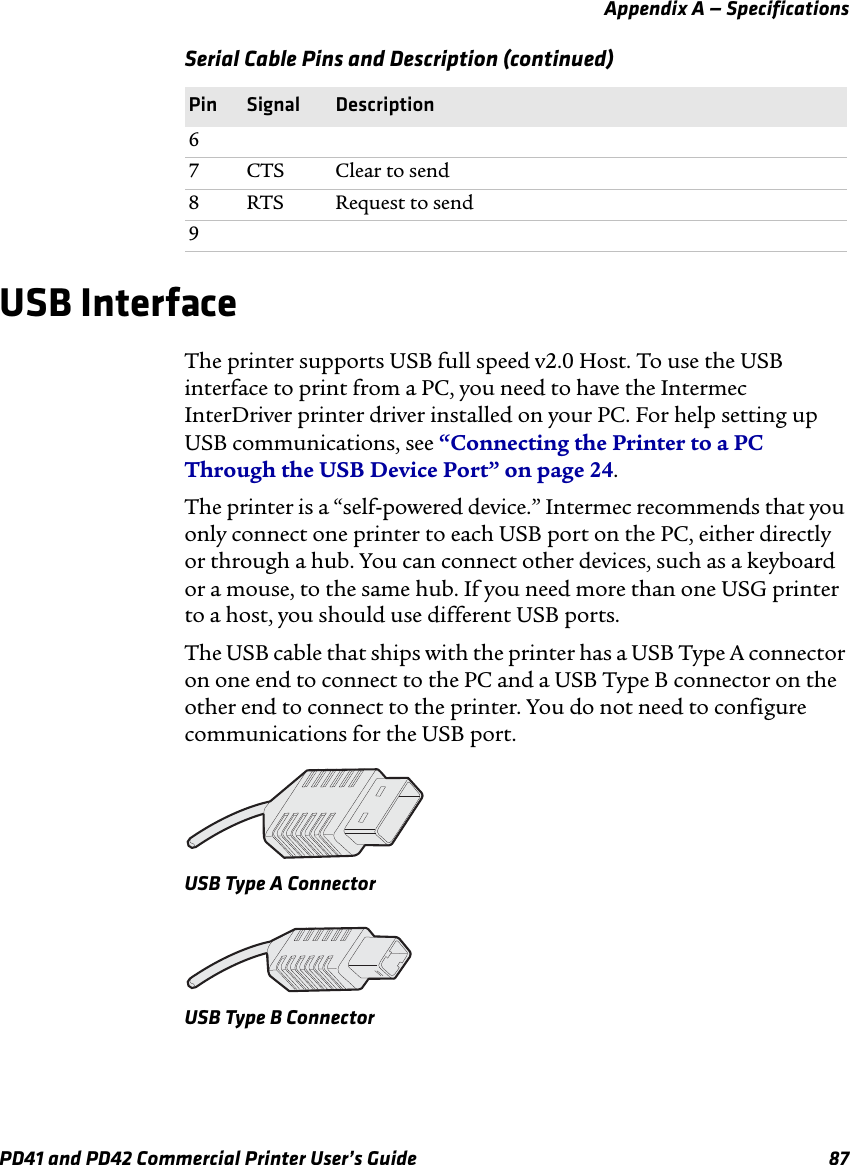 Appendix A — SpecificationsPD41 and PD42 Commercial Printer User’s Guide 87USB InterfaceThe printer supports USB full speed v2.0 Host. To use the USB interface to print from a PC, you need to have the Intermec InterDriver printer driver installed on your PC. For help setting up USB communications, see “Connecting the Printer to a PC Through the USB Device Port” on page 24.The printer is a “self-powered device.” Intermec recommends that you only connect one printer to each USB port on the PC, either directly or through a hub. You can connect other devices, such as a keyboard or a mouse, to the same hub. If you need more than one USG printer to a host, you should use different USB ports.The USB cable that ships with the printer has a USB Type A connector on one end to connect to the PC and a USB Type B connector on the other end to connect to the printer. You do not need to configure communications for the USB port.USB Type A ConnectorUSB Type B Connector67 CTS Clear to send8RTS Request to send9Serial Cable Pins and Description (continued)Pin Signal Description