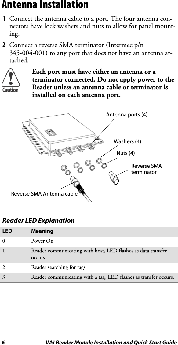 6 IM5 Reader Module Installation and Quick Start GuideAntenna Installation1Connect the antenna cable to a port. The four antenna con-nectors have lock washers and nuts to allow for panel mount-ing.2Connect a reverse SMA terminator (Intermec p/n345-004-001) to any port that does not have an antenna at-tached.Each port must have either an antenna or aterminator connected. Do not apply power to theReader unless an antenna cable or terminator isinstalled on each antenna port.Antenna ports (4)Washers (4)Nuts (4)Reverse SMAterminatorReverse SMA Antenna cableReader LED ExplanationLED Meaning0Power On1Reader communicating with host, LED flashes as data transferoccurs.2Reader searching for tags3Reader communicating with a tag, LED flashes as transfer occurs.