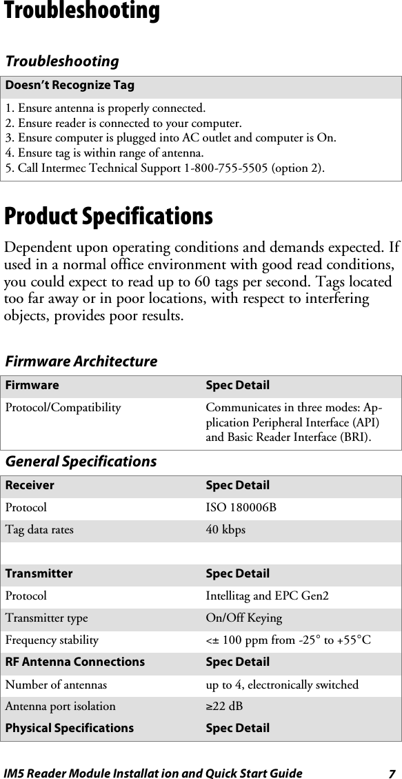 7IM5 Reader Module Installat ion and Quick Start GuideTroubleshootingTroubleshootingDoesn’t Recognize Tag1. Ensure antenna is properly connected.2. Ensure reader is connected to your computer.3. Ensure computer is plugged into AC outlet and computer is On.4. Ensure tag is within range of antenna.5. Call Intermec Technical Support 1-800-755-5505 (option 2).Product SpecificationsDependent upon operating conditions and demands expected. Ifused in a normal office environment with good read conditions,you could expect to read up to 60 tags per second. Tags locatedtoo far away or in poor locations, with respect to interferingobjects, provides poor results.Firmware ArchitectureFirmware Spec DetailProtocol/Compatibility Communicates in three modes: Ap-plication Peripheral Interface (API)and Basic Reader Interface (BRI).General SpecificationsReceiver Spec DetailProtocol ISO 180006BTag data rates 40 kbpsTransmitter Spec DetailProtocol Intellitag and EPC Gen2Transmitter type On/Off KeyingFrequency stability &lt;±100 ppm from -25°to +55°CRF Antenna Connections Spec DetailNumber of antennas up to 4, electronically switchedAntenna port isolation ≥22 dBPhysical Specifications Spec Detail