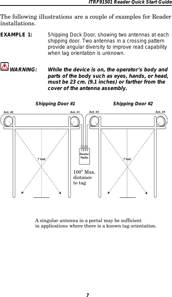 ITRF91501 Reader Quick Start Guide7The following illustrations are a couple of examples for Readerinstallations.EXAMPLE 1: Shipping Dock Door, showing two antennas at eachshipping door. Two antennas in a crossing patternprovide angular diversity to improve read capabilitywhen tag orientation is unknown.WARNING: While the device is on, the operator’s body andparts of the body such as eyes, hands, or head,must be 23 cm. (9.1 inches) or farther from thecover of the antenna assembly.Shipping Door #1 Shipping Door #2100” Max.distanceto tagA singular antenna in a portal may be sufficientin applications where there is a known tag orientation.