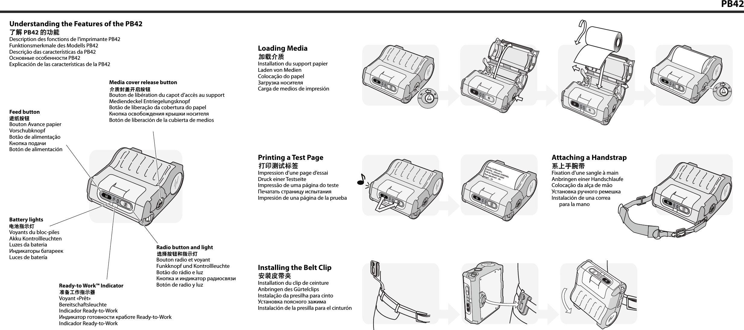 PB42Printer ConfigurationSerial No.  : Intermec-293809485 F/W Ver PB4269504-04959   Burn adjustment  :  0%   Beeper  :  OnFeed buttonBouton Avance papierVorschubknopfBotão de alimentaçãoКнопка подачиBotón de alimentaciónReady-to Work™ IndicatorVoyant «Prêt»BereitschaftsleuchteIndicador Ready-to-WorkИндикатор готовности кработе Ready-to-WorkIndicador Ready-to-WorkRadio button and lightBouton radio et voyantFunkknopf und KontrollleuchteBotão do rádio e luzКнопка и индикатор радиосвязиBotón de radio y luzBattery lightsVoyants du bloc-pilesAkku KontrollleuchtenLuzes da bateriaИндикаторы батареекLuces de bateríaMedia cover release buttonBouton de libération du capot d’accès au supportMediendeckel EntriegelungsknopfBotão de liberação da cobertura do papelКнопка освобождения крышки носителяBotón de liberación de la cubierta de mediosUnderstanding the Features of the PB42Description des fonctions de l’imprimante PB42Funktionsmerkmale des Modells PB42Descrição das características da PB42Основные особенности PB42Explicación de las características de la PB42Loading MediaInstallation du support papierLaden von MedienColocação do papelЗагрузка носителяCarga de medios de impresiónAttaching a HandstrapFixation d’une sangle à mainAnbringen einer HandschlaufeColocação da alça de mãoУстановка ручного ремешкаInstalación de una correa  para la manoInstalling the Belt ClipInstallation du clip de ceintureAnbringen des GürtelclipsInstalação da presilha para cintoУстановка поясного зажимаInstalación de la presilla para el cinturónPrinting a Test PageImpression d’une page d’essaiDruck einer TestseiteImpressão de uma página do testeПечатать страницу испытанияImpresión de una página de la prueba