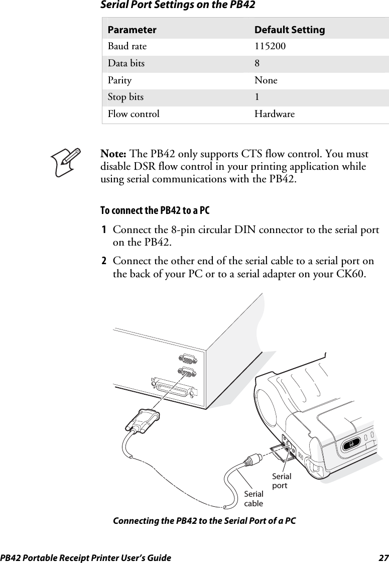 PB42 Portable Receipt Printer User’s Guide  27 Serial Port Settings on the PB42 Parameter  Default Setting Baud rate  115200 Data bits  8 Parity None Stop bits  1 Flow control  Hardware   Note: The PB42 only supports CTS flow control. You must disable DSR flow control in your printing application while using serial communications with the PB42. To connect the PB42 to a PC 1 Connect the 8-pin circular DIN connector to the serial port on the PB42. 2 Connect the other end of the serial cable to a serial port on the back of your PC or to a serial adapter on your CK60.   SerialcableSerialport Connecting the PB42 to the Serial Port of a PC 