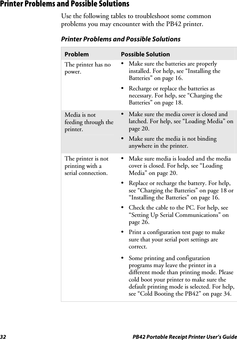 32  PB42 Portable Receipt Printer User’s Guide Printer Problems and Possible Solutions Use the following tables to troubleshoot some common problems you may encounter with the PB42 printer. Printer Problems and Possible Solutions Problem  Possible Solution The printer has no power. • Make sure the batteries are properly installed. For help, see “Installing the Batteries” on page 16. • Recharge or replace the batteries as necessary. For help, see “Charging the Batteries” on page 18.  Media is not feeding through the printer. • Make sure the media cover is closed and latched. For help, see “Loading Media” on page 20.  • Make sure the media is not binding anywhere in the printer.  The printer is not printing with a serial connection. • Make sure media is loaded and the media cover is closed. For help, see “Loading Media” on page 20.  • Replace or recharge the battery. For help, see “Charging the Batteries” on page 18 or “Installing the Batteries” on page 16.  • Check the cable to the PC. For help, see “Setting Up Serial Communications” on page 26.  • Print a configuration test page to make sure that your serial port settings are correct.  • Some printing and configuration programs may leave the printer in a different mode than printing mode. Please cold boot your printer to make sure the default printing mode is selected. For help, see “Cold Booting the PB42” on page 34. 