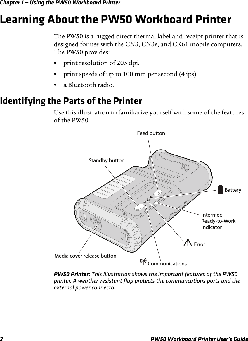 Chapter 1 — Using the PW50 Workboard Printer2 PW50 Workboard Printer User’s GuideLearning About the PW50 Workboard PrinterThe PW50 is a rugged direct thermal label and receipt printer that is designed for use with the CN3, CN3e, and CK61 mobile computers. The PW50 provides:•print resolution of 203 dpi.•print speeds of up to 100 mm per second (4 ips).•a Bluetooth radio.Identifying the Parts of the PrinterUse this illustration to familiarize yourself with some of the features of the PW50.PW50 Printer: This illustration shows the important features of the PW50 printer. A weather-resistant flap protects the communcations ports and the external power connector.Media cover release buttonStandby buttonCommunicationsErrorBatteryFeed buttonIntermecReady-to-Workindicator