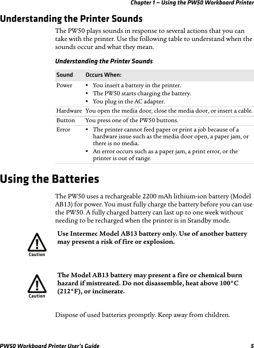 Chapter 1 — Using the PW50 Workboard PrinterPW50 Workboard Printer User’s Guide 5Understanding the Printer SoundsThe PW50 plays sounds in response to several actions that you can take with the printer. Use the following table to understand when the sounds occur and what they mean.Using the BatteriesThe PW50 uses a rechargeable 2200 mAh lithium-ion battery (Model AB13) for power. You must fully charge the battery before you can use the PW50. A fully charged battery can last up to one week without needing to be recharged when the printer is in Standby mode.Dispose of used batteries promptly. Keep away from children.Understanding the Printer SoundsSound Occurs When:Power •You insert a battery in the printer.•The PW50 starts charging the battery.•You plug in the AC adapter.Hardware You open the media door, close the media door, or insert a cable.Button You press one of the PW50 buttons.Error •The printer cannot feed paper or print a job because of a hardware issue such as the media door open, a paper jam, or there is no media.•An error occurs such as a paper jam, a print error, or the printer is out of range.Use Intermec Model AB13 battery only. Use of another battery may present a risk of fire or explosion.The Model AB13 battery may present a fire or chemical burn hazard if mistreated. Do not disassemble, heat above 100°C (212°F), or incinerate.