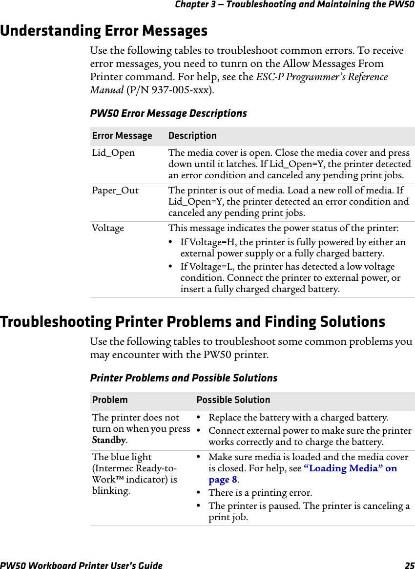 Chapter 3 — Troubleshooting and Maintaining the PW50PW50 Workboard Printer User’s Guide 25Understanding Error MessagesUse the following tables to troubleshoot common errors. To receive error messages, you need to tunrn on the Allow Messages From Printer command. For help, see the ESC-P Programmer’s Reference Manual (P/N 937-005-xxx).Troubleshooting Printer Problems and Finding SolutionsUse the following tables to troubleshoot some common problems you may encounter with the PW50 printer.PW50 Error Message DescriptionsError Message DescriptionLid_Open The media cover is open. Close the media cover and press down until it latches. If Lid_Open=Y, the printer detected an error condition and canceled any pending print jobs.Paper_Out The printer is out of media. Load a new roll of media. If Lid_Open=Y, the printer detected an error condition and canceled any pending print jobs.Voltage This message indicates the power status of the printer:•If Voltage=H, the printer is fully powered by either an external power supply or a fully charged battery.•If Voltage=L, the printer has detected a low voltage condition. Connect the printer to external power, or insert a fully charged charged battery. Printer Problems and Possible SolutionsProblem Possible SolutionThe printer does not turn on when you press Standby.•Replace the battery with a charged battery.•Connect external power to make sure the printer works correctly and to charge the battery.The blue light (Intermec Ready-to-Work™ indicator) is blinking.•Make sure media is loaded and the media cover is closed. For help, see “Loading Media” on page 8.•There is a printing error. •The printer is paused. The printer is canceling a print job.