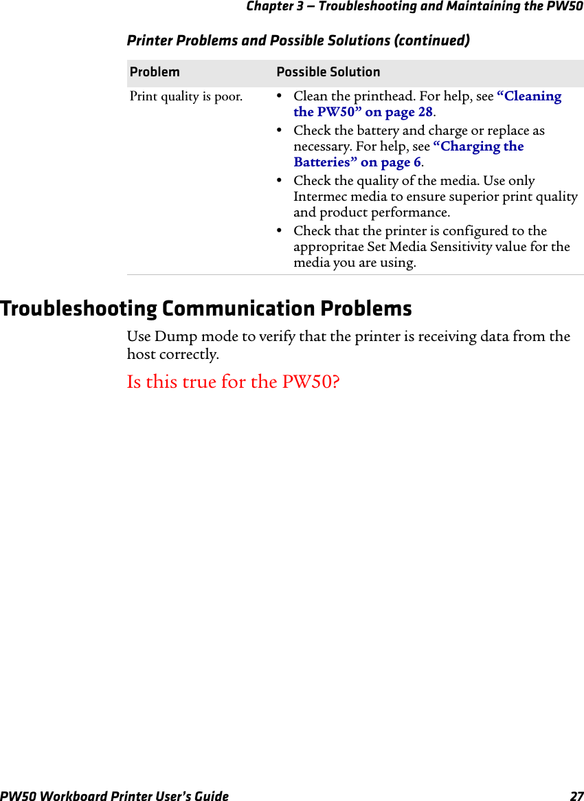 Chapter 3 — Troubleshooting and Maintaining the PW50PW50 Workboard Printer User’s Guide 27Troubleshooting Communication ProblemsUse Dump mode to verify that the printer is receiving data from the host correctly.Is this true for the PW50?Print quality is poor. •Clean the printhead. For help, see “Cleaning the PW50” on page 28.•Check the battery and charge or replace as necessary. For help, see “Charging the Batteries” on page 6.•Check the quality of the media. Use only Intermec media to ensure superior print quality and product performance.•Check that the printer is configured to the appropritae Set Media Sensitivity value for the media you are using.Printer Problems and Possible Solutions (continued)Problem Possible Solution