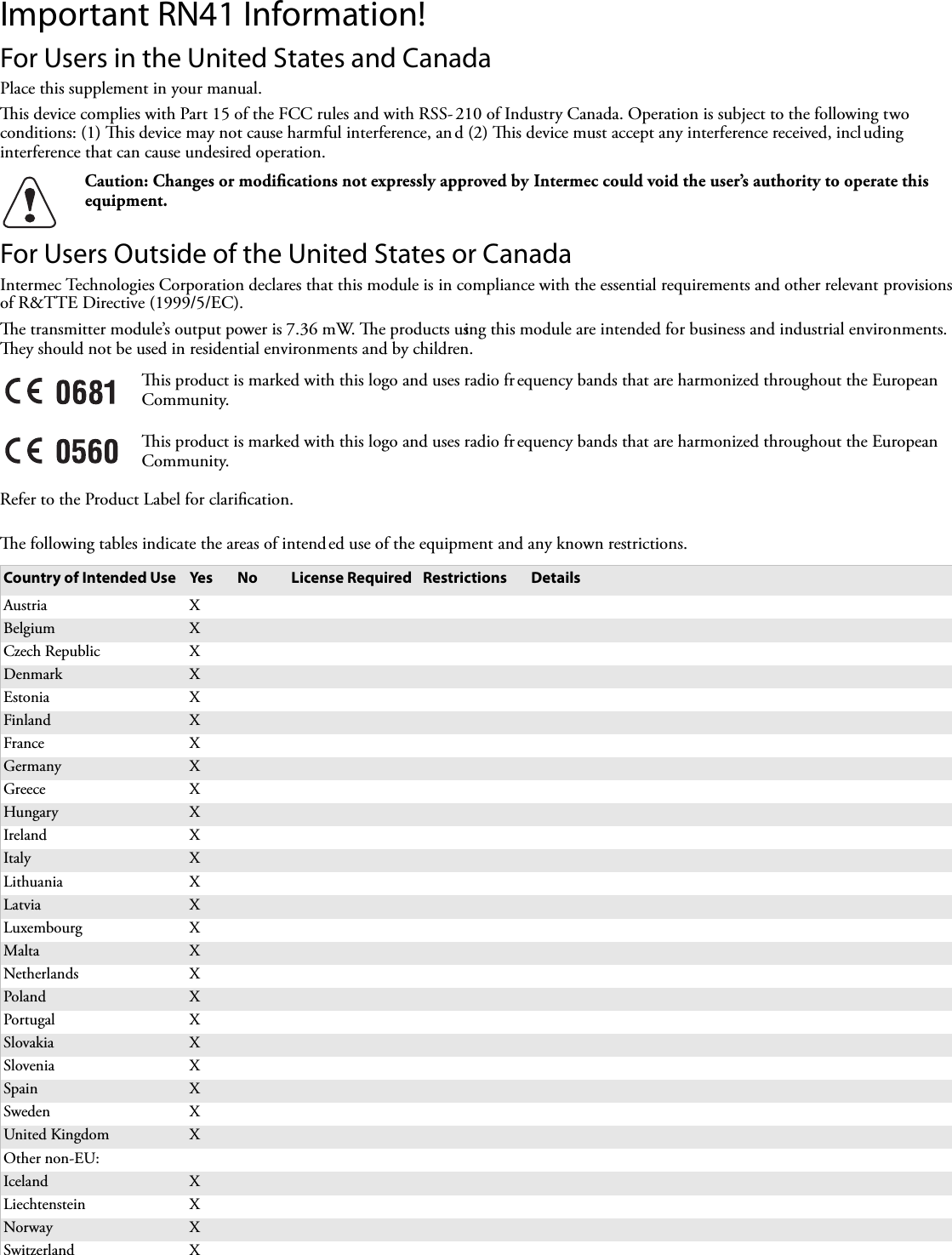 Important RN41 Information!For Users in the United States and CanadaPlace this supplement in your manual.is device complies with Part 15 of the FCC rules and with RSS- 210 of Industry Canada. Operation is subject to the following two conditions: (1) is device may not cause harmful interference, an d (2) is device must accept any interference received, including interference that can cause undesired operation.For Users Outside of the United States or CanadaIntermec Technologies Corporation declares that this module is in compliance with the essential requirements and other relevant provisions of R&amp;TTE Directive (1999/5/EC).e transmitter module’s output power is 7.36 mW. e products using this module are intended for business and industrial environments. ey should not be used in residential environments and by children.Refer to the Product Label for clariﬁcation.e following tables indicate the areas of intend ed use of the equipment and any known restrictions.Caution: Changes or modiﬁcations not expressly approved by Intermec could void the user’s authority to operate this equipment.is product is marked with this logo and uses radio frequency bands that are harmonized throughout the European Community.is product is marked with this logo and uses radio frequency bands that are harmonized throughout the European Community.Country of Intended Use Yes No License Required Restrictions DetailsAustria XBelgium XCzech Republic XDenmark XEstonia XFinland XFrance XGermany XGreece XHungary XIreland XItaly XLithuania XLatvia XLuxembourg XMalta XNetherlands XPoland XPortugal XSlovakia XSlovenia XSpain XSweden XUnited Kingdom XOther non-EU:Iceland XLiechtenstein XNorway XSwitzerland X
