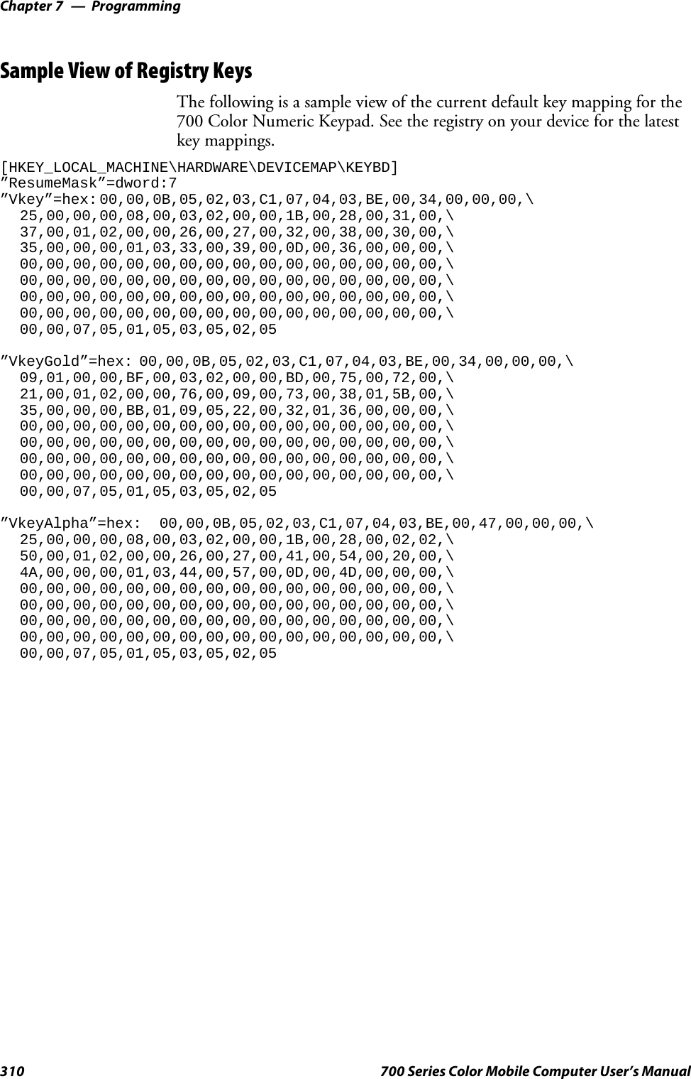 ProgrammingChapter —7310 700 Series Color Mobile Computer User’s ManualSample View of Registry KeysThe following is a sample view of the current default key mapping for the700 Color Numeric Keypad. See the registry on your device for the latestkey mappings.[HKEY_LOCAL_MACHINE\HARDWARE\DEVICEMAP\KEYBD]”ResumeMask”=dword:7”Vkey”=hex: 00,00,0B,05,02,03,C1,07,04,03,BE,00,34,00,00,00,\25,00,00,00,08,00,03,02,00,00,1B,00,28,00,31,00,\37,00,01,02,00,00,26,00,27,00,32,00,38,00,30,00,\35,00,00,00,01,03,33,00,39,00,0D,00,36,00,00,00,\00,00,00,00,00,00,00,00,00,00,00,00,00,00,00,00,\00,00,00,00,00,00,00,00,00,00,00,00,00,00,00,00,\00,00,00,00,00,00,00,00,00,00,00,00,00,00,00,00,\00,00,00,00,00,00,00,00,00,00,00,00,00,00,00,00,\00,00,07,05,01,05,03,05,02,05”VkeyGold”=hex: 00,00,0B,05,02,03,C1,07,04,03,BE,00,34,00,00,00,\09,01,00,00,BF,00,03,02,00,00,BD,00,75,00,72,00,\21,00,01,02,00,00,76,00,09,00,73,00,38,01,5B,00,\35,00,00,00,BB,01,09,05,22,00,32,01,36,00,00,00,\00,00,00,00,00,00,00,00,00,00,00,00,00,00,00,00,\00,00,00,00,00,00,00,00,00,00,00,00,00,00,00,00,\00,00,00,00,00,00,00,00,00,00,00,00,00,00,00,00,\00,00,00,00,00,00,00,00,00,00,00,00,00,00,00,00,\00,00,07,05,01,05,03,05,02,05”VkeyAlpha”=hex: 00,00,0B,05,02,03,C1,07,04,03,BE,00,47,00,00,00,\25,00,00,00,08,00,03,02,00,00,1B,00,28,00,02,02,\50,00,01,02,00,00,26,00,27,00,41,00,54,00,20,00,\4A,00,00,00,01,03,44,00,57,00,0D,00,4D,00,00,00,\00,00,00,00,00,00,00,00,00,00,00,00,00,00,00,00,\00,00,00,00,00,00,00,00,00,00,00,00,00,00,00,00,\00,00,00,00,00,00,00,00,00,00,00,00,00,00,00,00,\00,00,00,00,00,00,00,00,00,00,00,00,00,00,00,00,\00,00,07,05,01,05,03,05,02,05