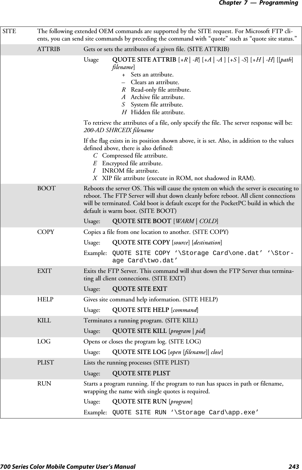 Programming—Chapter 7243700 Series Color Mobile Computer User’s ManualSITE The following extended OEM commands are supported by the SITE request. For Microsoft FTP cli-ents, you can send site commands by preceding the command with “quote” such as “quote site status.”ATTRIB Gets or sets the attributes of a given file. (SITE ATTRIB)Usage QUOTE SITE ATTRIB [+R |-R][+A |-A ][+S |-S][+H |-H][[path]filename]+Sets an attribute.–Clears an attribute.RRead-only file attribute.AArchive file attribute.SSystem file attribute.HHidden file attribute.To retrieve the attributes of a file, only specify the file. The server response will be:200-AD SHRCEIX filenameIf the flag exists in its position shown above, it is set. Also, in addition to the valuesdefined above, there is also defined:CCompressed file attribute.EEncrypted file attribute.IINROM file attribute.XXIPfileattribute(executeinROM,notshadowedinRAM).BOOT Reboots the server OS. This will cause the system on which the server is executing toreboot. The FTP Server will shut down cleanly before reboot. All client connectionswill be terminated. Cold boot is default except for the PocketPC build in which thedefault is warm boot. (SITE BOOT)Usage: QUOTE SITE BOOT [WARM |COLD]COPY Copies a file from one location to another. (SITE COPY)Usage: QUOTE SITE COPY [source][destination]Example: QUOTE SITE COPY ‘\Storage Card\one.dat’ ‘\Stor-age Card\two.dat’EXIT Exits the FTP Server. This command will shut down the FTP Server thus termina-ting all client connections. (SITE EXIT)Usage: QUOTE SITE EXITHELP Gives site command help information. (SITE HELP)Usage: QUOTE SITE HELP [command]KILL Terminates a running program. (SITE KILL)Usage: QUOTE SITE KILL [program |pid]LOG Opens or closes the program log. (SITE LOG)Usage: QUOTE SITE LOG [open [filename]| close]PLIST Lists the running processes (SITE PLIST)Usage: QUOTE SITE PLISTRUN Starts a program running. If the program to run has spaces in path or filename,wrappingthenamewithsinglequotesisrequired.Usage: QUOTE SITE RUN [program]Example: QUOTE SITE RUN ‘\Storage Card\app.exe’