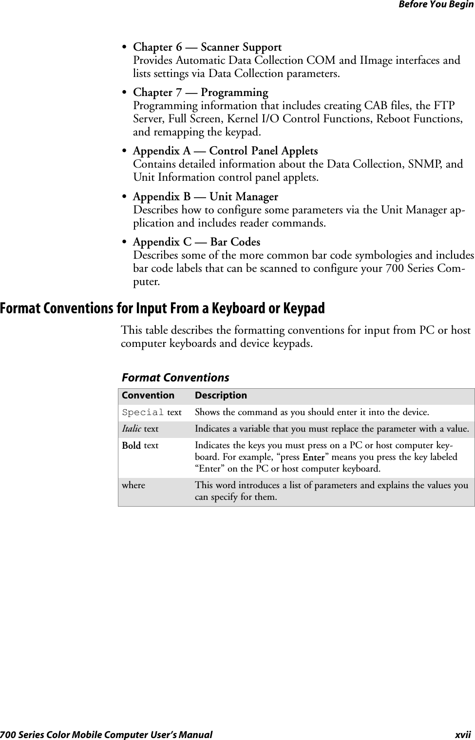 Before You Beginxvii700 Series Color Mobile Computer User’s ManualSChapter 6 — Scanner SupportProvides Automatic Data Collection COM and IImage interfaces andlists settings via Data Collection parameters.SChapter 7 — ProgrammingProgramming information that includes creating CAB files, the FTPServer, Full Screen, Kernel I/O Control Functions, Reboot Functions,and remapping the keypad.SAppendix A — Control Panel AppletsContains detailed information about the Data Collection, SNMP, andUnit Information control panel applets.SAppendix B — Unit ManagerDescribes how to configure some parameters via the Unit Manager ap-plication and includes reader commands.SAppendix C — Bar CodesDescribes some of the more common bar code symbologies and includesbar code labels that can be scanned to configure your 700 Series Com-puter.Format Conventions for Input From a Keyboard or KeypadThis table describes the formatting conventions for input from PC or hostcomputer keyboards and device keypads.Format ConventionsConvention DescriptionSpecial text Shows the command as you should enter it into the device.Italic text Indicates a variable that you must replace the parameter with a value.Bold text Indicates the keys you must press on a PC or host computer key-board. For example, “press Enter” means you press the key labeled“Enter” on the PC or host computer keyboard.where This word introduces a list of parameters and explains the values youcan specify for them.