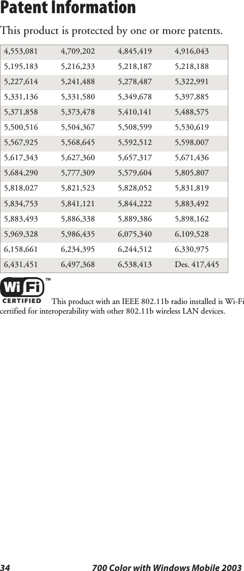34 700 Color with Windows Mobile 2003Patent InformationThis product is protected by one or more patents.4,553,081 4,709,202 4,845,419 4,916,0435,195,183 5,216,233 5,218,187 5,218,1885,227,614 5,241,488 5,278,487 5,322,9915,331,136 5,331,580 5,349,678 5,397,8855,371,858 5,373,478 5,410,141 5,488,5755,500,516 5,504,367 5,508,599 5,530,6195,567,925 5,568,645 5,592,512 5,598,0075,617,343 5,627,360 5,657,317 5,671,4365,684,290 5,777,309 5,579,604 5,805,8075,818,027 5,821,523 5,828,052 5,831,8195,834,753 5,841,121 5,844,222 5,883,4925,883,493 5,886,338 5,889,386 5,898,1625,969,328 5,986,435 6,075,340 6,109,5286,158,661 6,234,395 6,244,512 6,330,9756,431,451 6,497,368 6,538,413 Des. 417,445This product with an IEEE 802.11b radio installed is Wi-Ficertified for interoperability with other 802.11b wireless LAN devices.